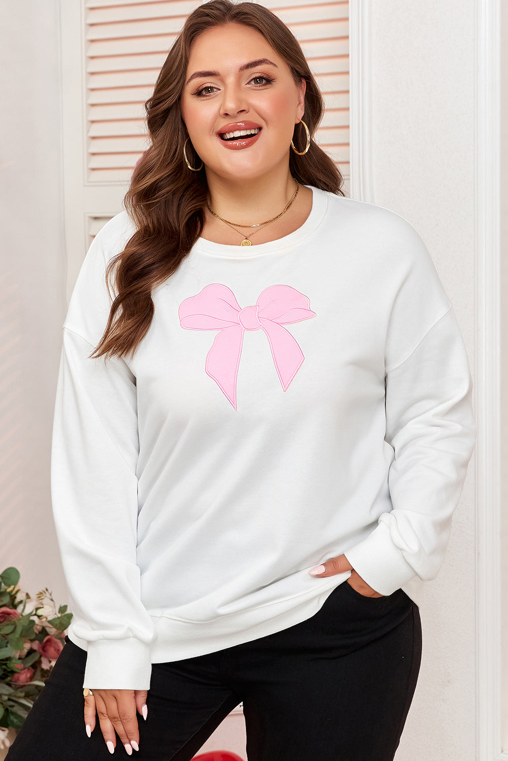 Bow Accent Drop Shoulder Sweatshirt – White Plus Size 1X–4X