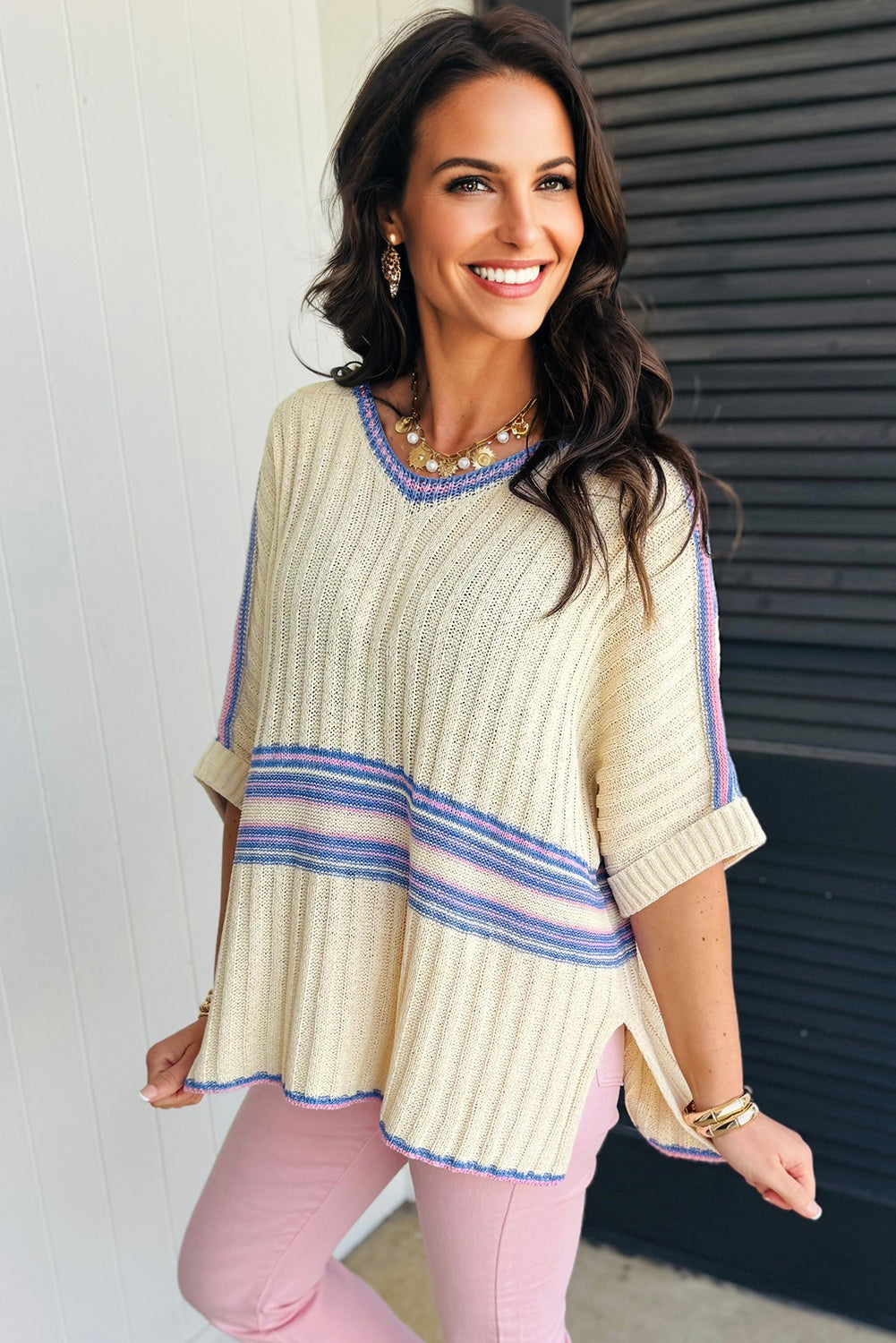 White Contrast Striped V-Neck Dolman Sleeve Ribbed Knit Oversized Tunic Sweater with Side Slits