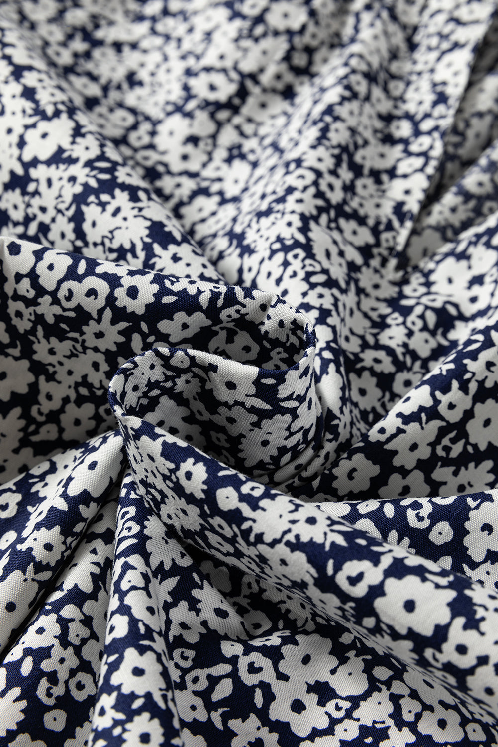 Blue Floral Print Notched V-Neck Puff Sleeve Blouse
