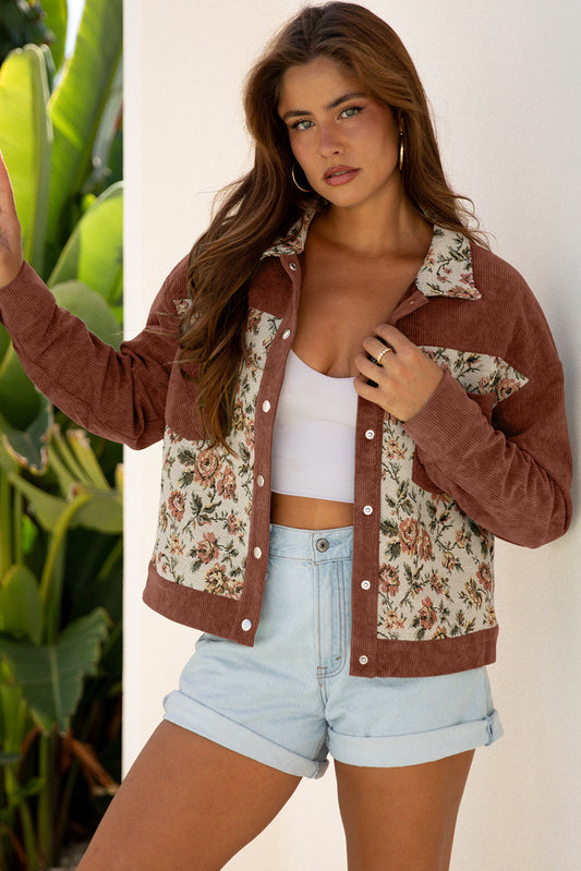 Ribbed Retro Floral Patchwork Frayed Collar Shirt Style Jacket