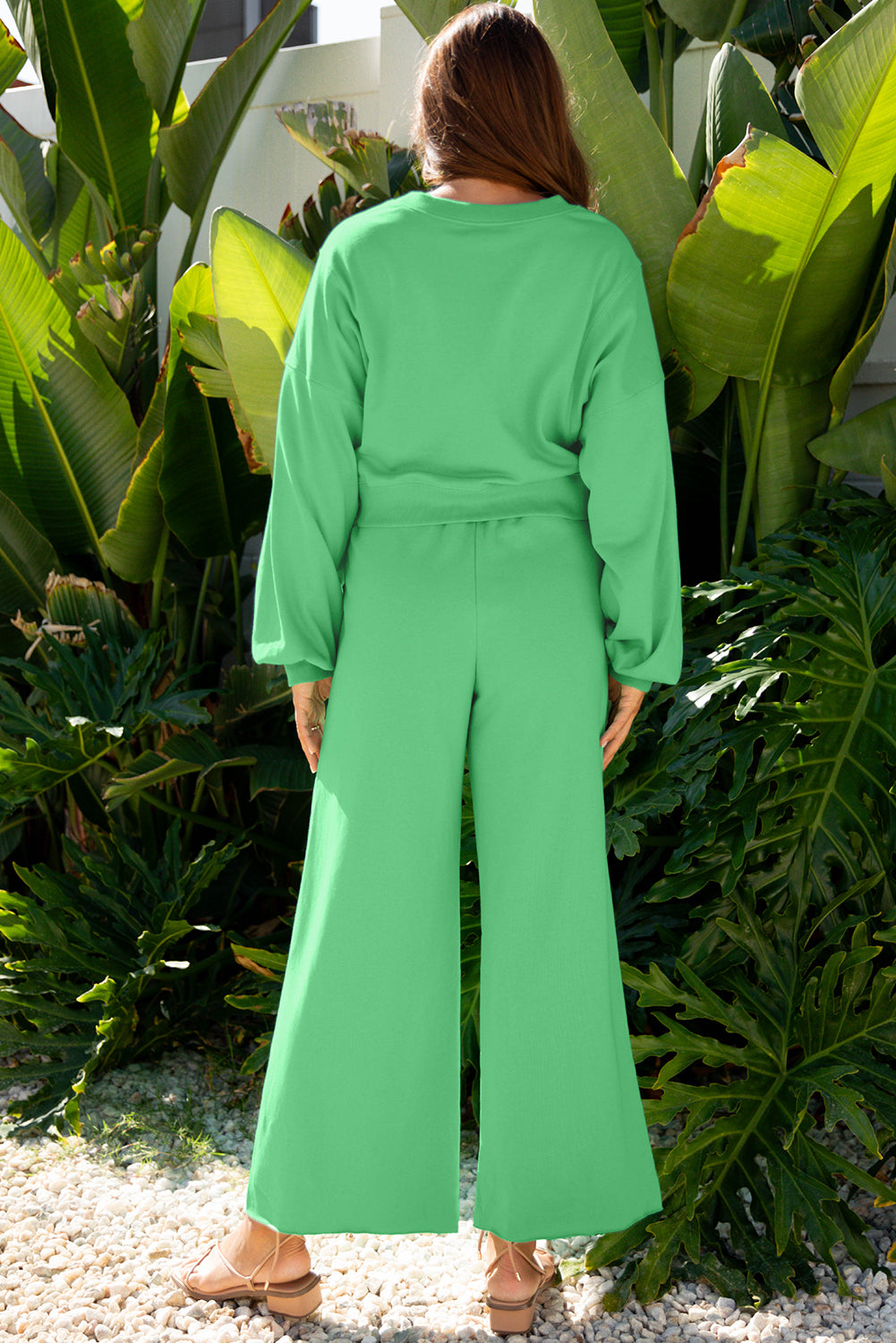Drop Shoulder Puff Sleeve Crop Pullover & Wide Leg Pants Set