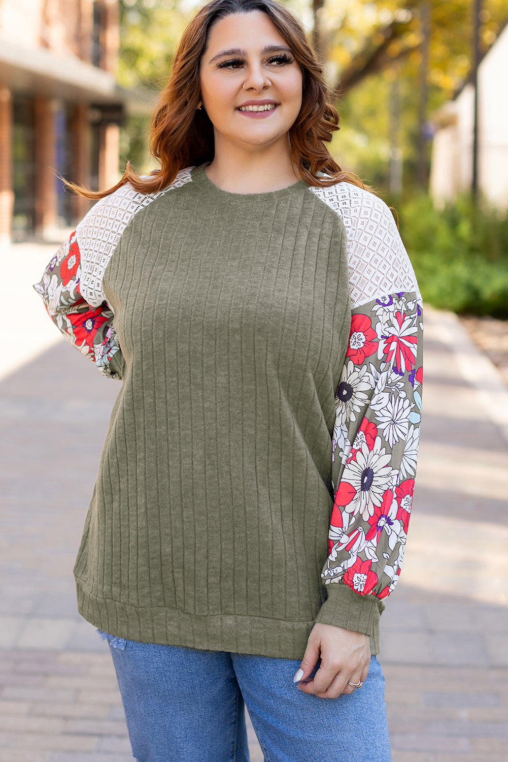 Plus Size Ribbed Floral Sleeve Blouse Women 1X–4X