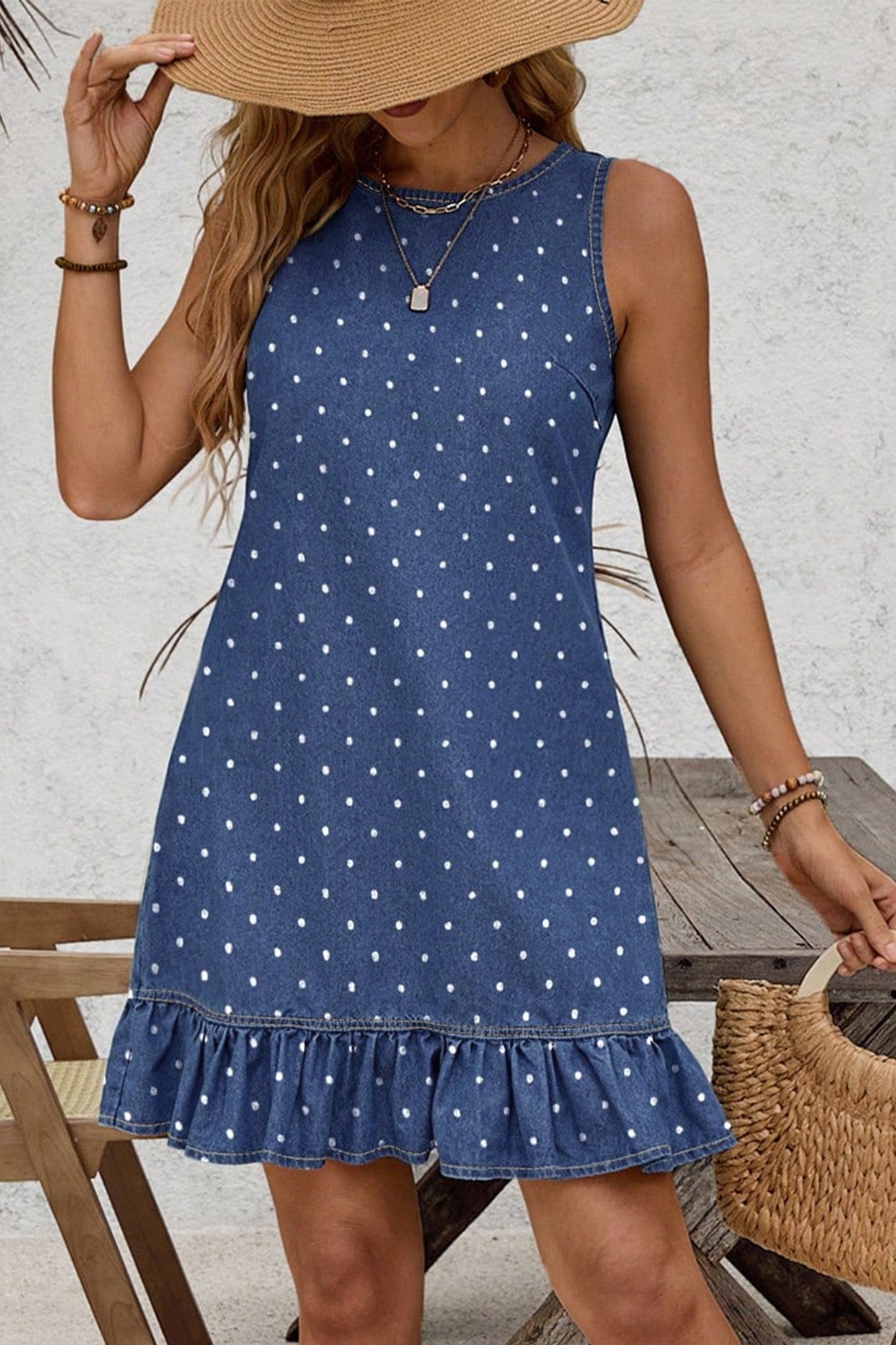 Womens Polka Dot Ruffle Hem Sleeveless Denim Mini Dress S to XL