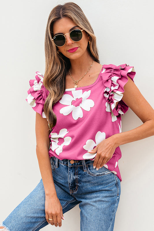 Pink Floral Textured Ruffled Short Sleeve Square Neck Blouse – Women's Chic Summer Top