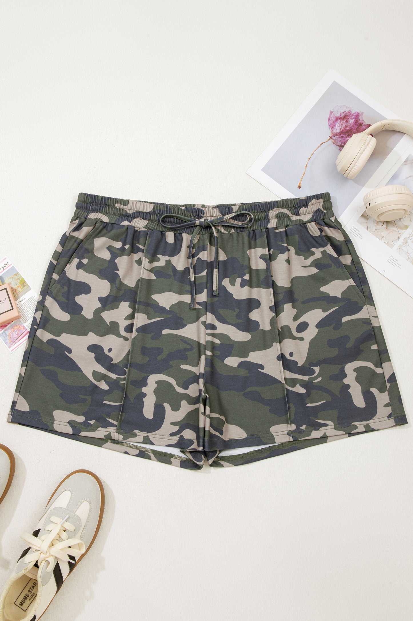 Green Camo Print Drawstring Waist Shorts with Pockets | Plus Size 1X–4X