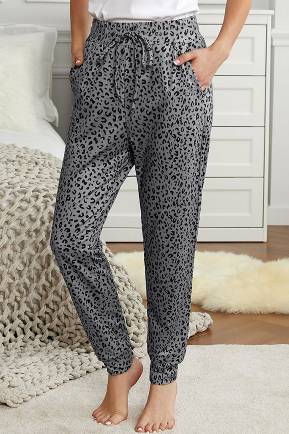 Leopard Print Joggers Women Grey S–4XL