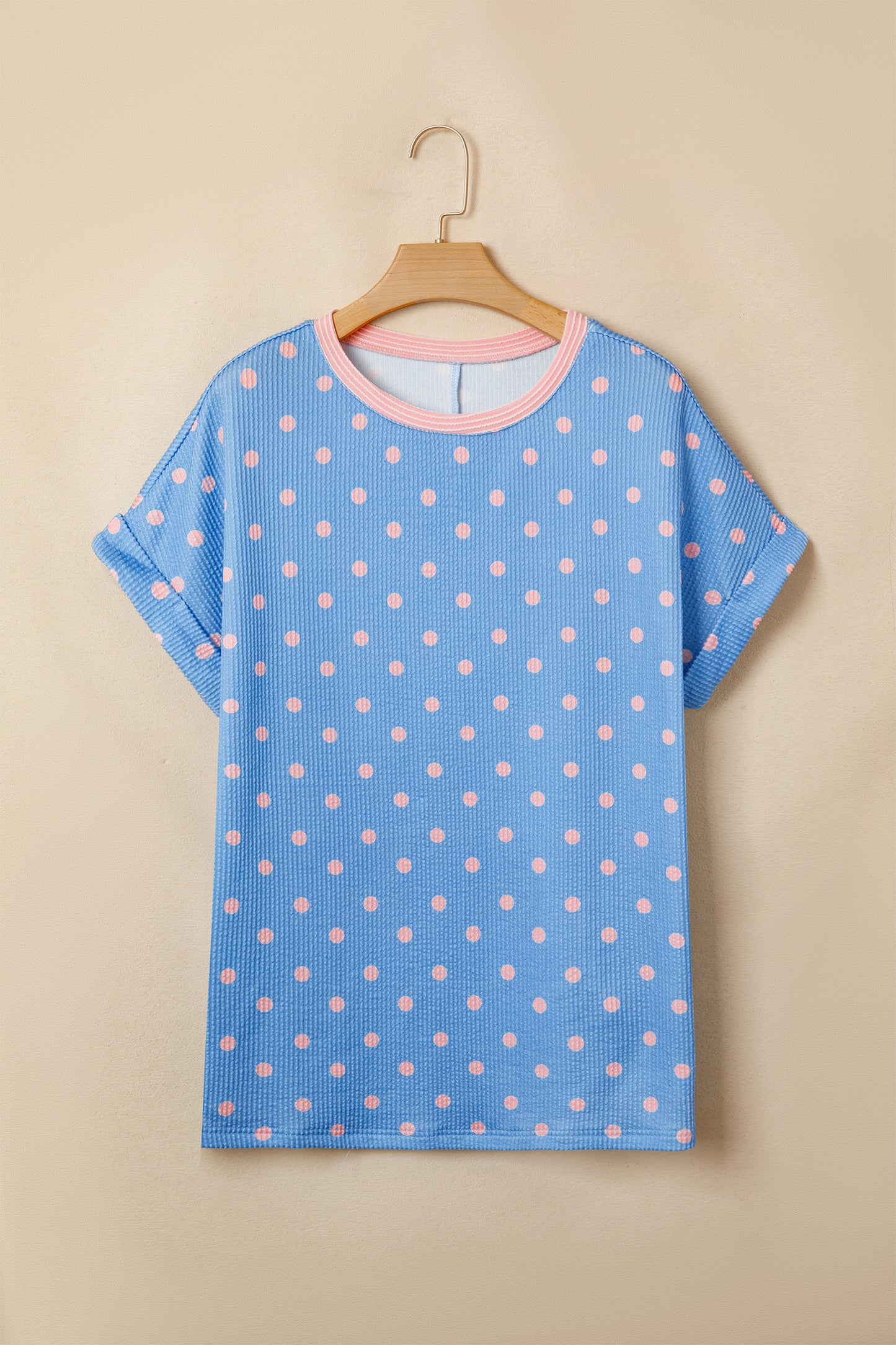 Light Blue Polka Dot Ribbed Short Sleeve Top Women S–XL