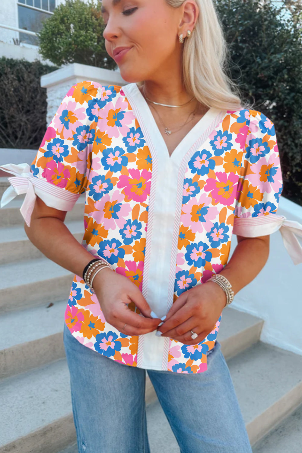 White Floral Colorblock Striped Edge V-Neck Knotted Short Sleeve Blouse – Women's Chic Cotton Top (S–XL)