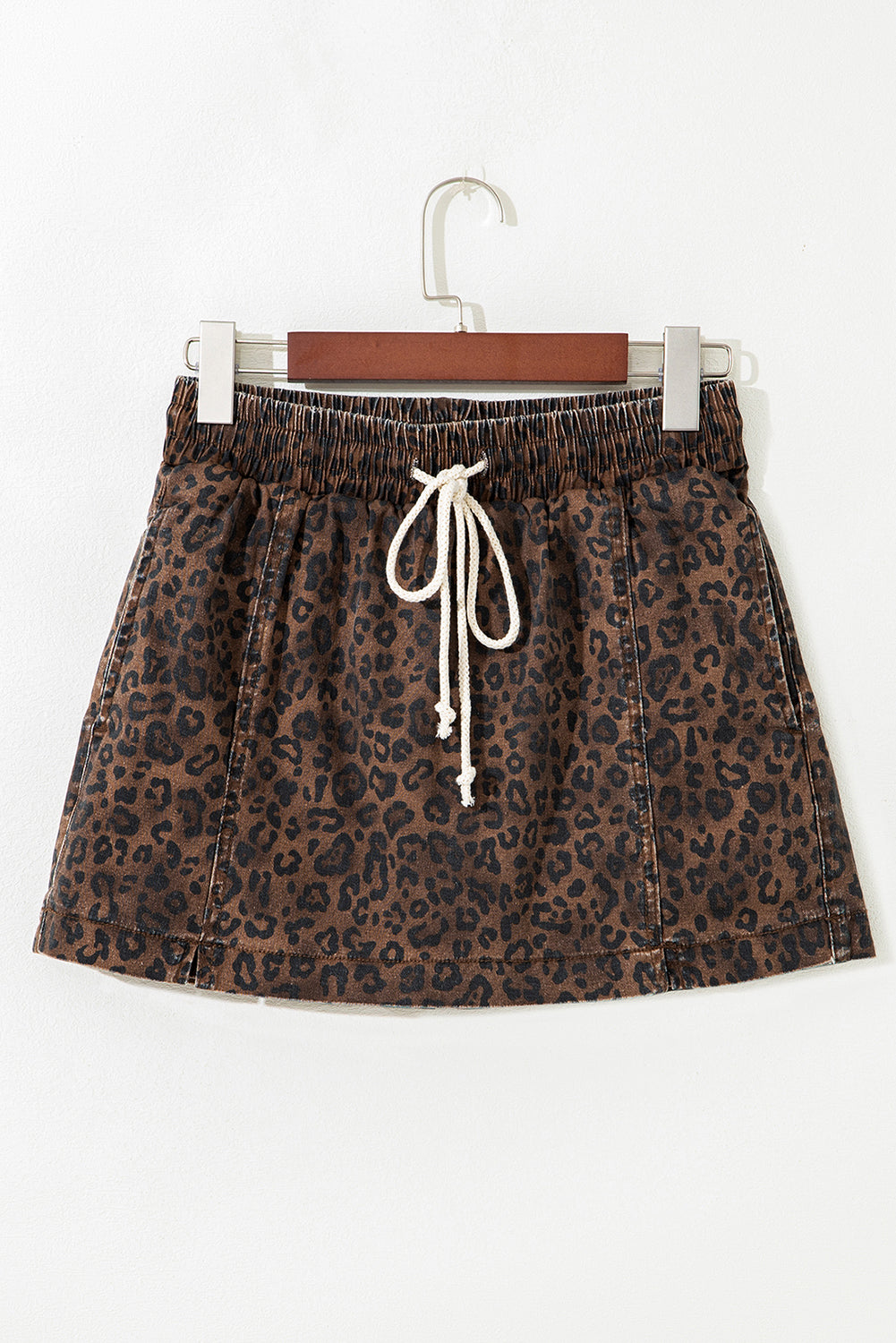 Brown Leopard Print Drawstring Elastic Waist Denim Skort
