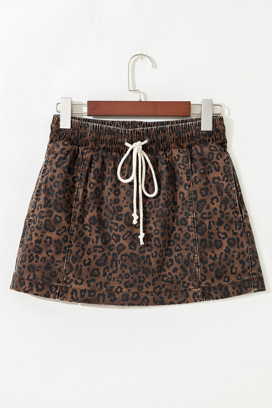 Brown Leopard Print Drawstring Elastic Waist Denim Skort
