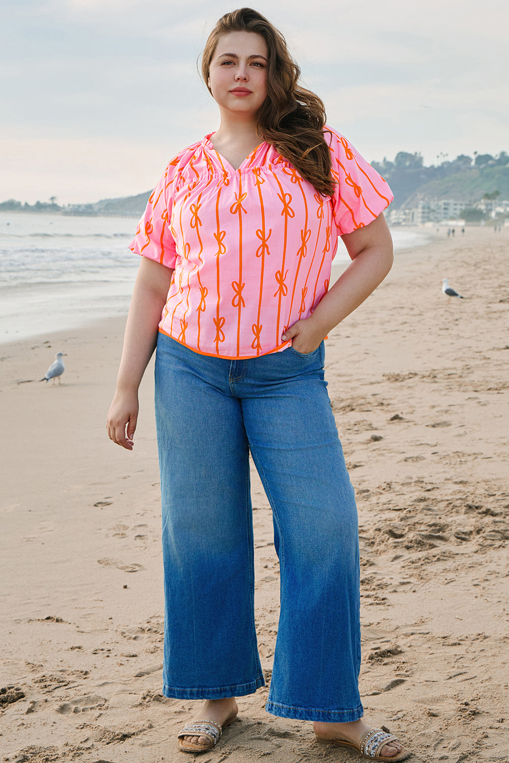 Bow Print Shirred Puff Sleeve V-Neck Blouse – Pink Plus Size 1X–4X
