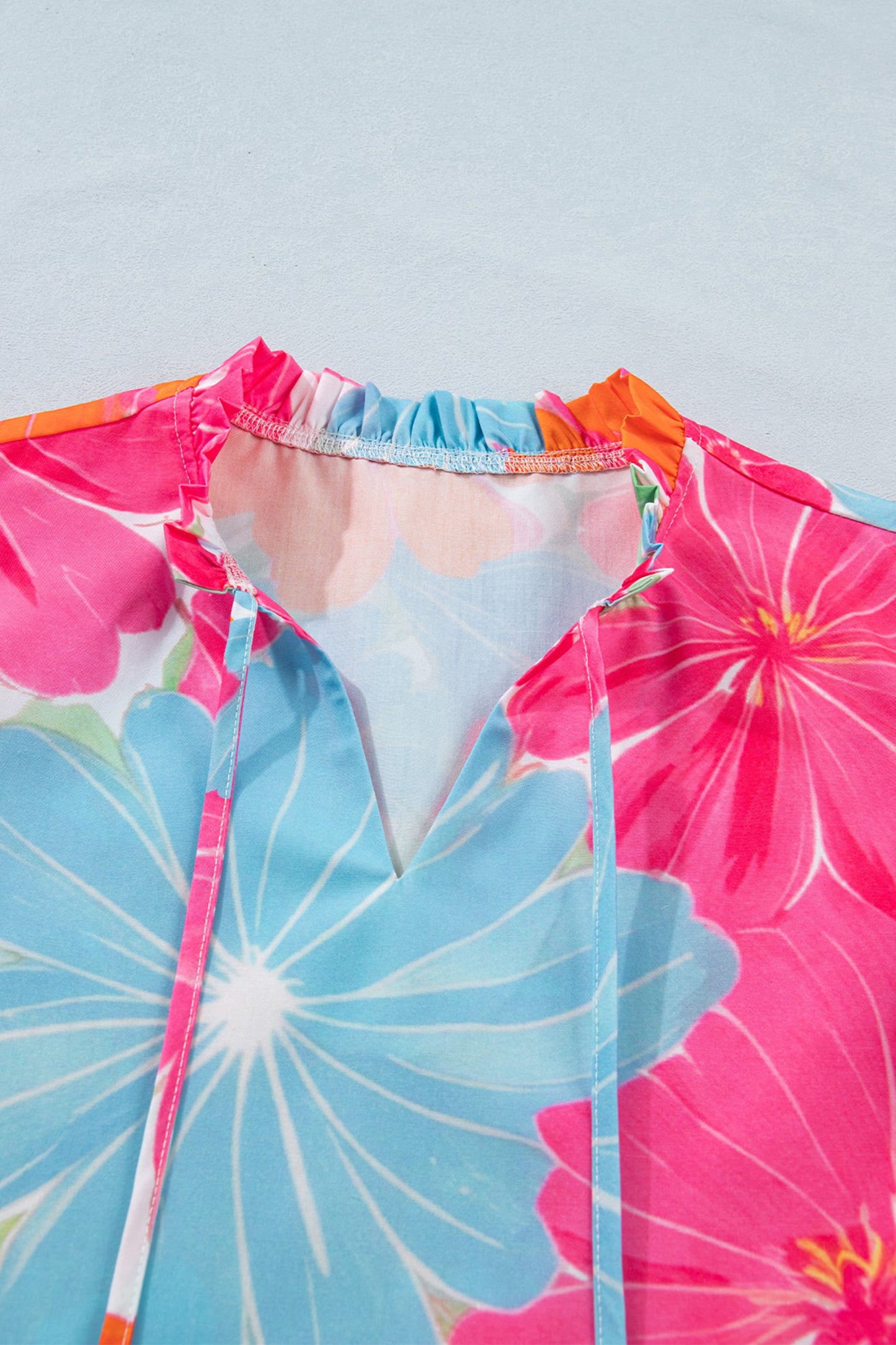 Floral Print Tie V-Neck Ruffle Trim Sleeveless Blouse