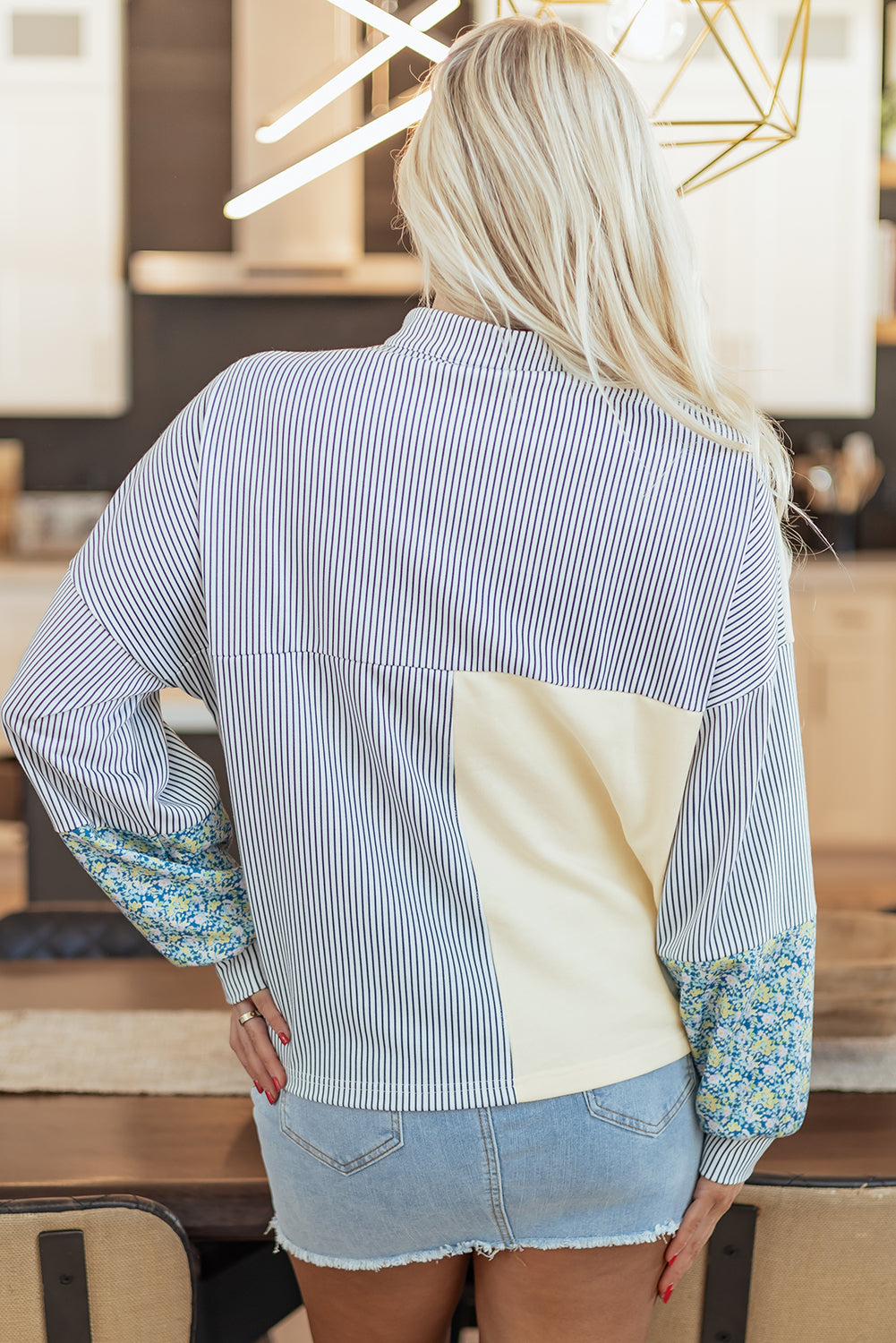 Beige Floral Striped Drop Shoulder Collared Boxy Sweatshirt – Women's Autumn Pullover