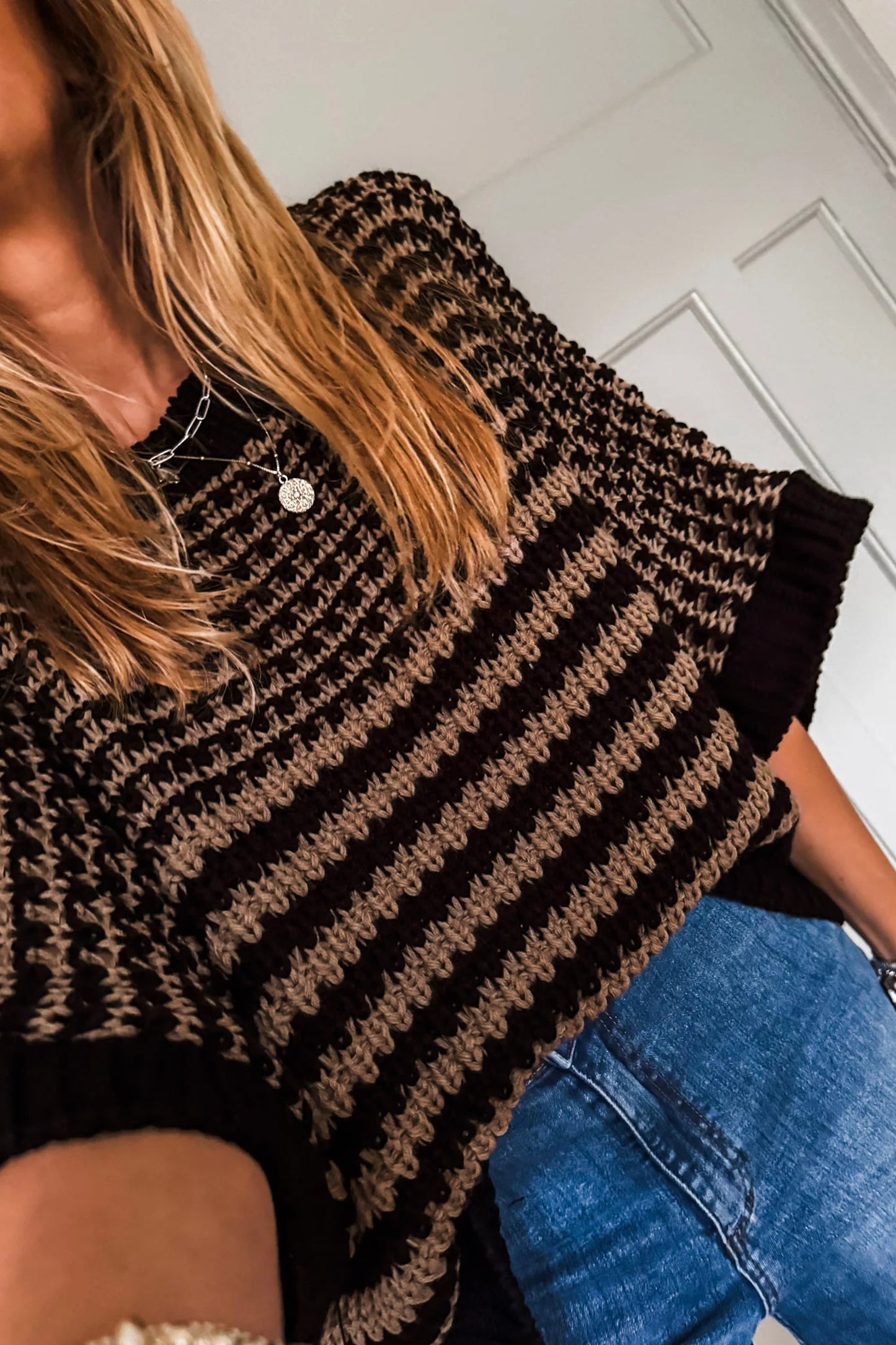 Striped Slouchy Sweater with 3/4 Draped Sleeves | Black Stripe