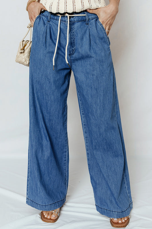 Lace-Up Pull-On Wide Leg Jeans