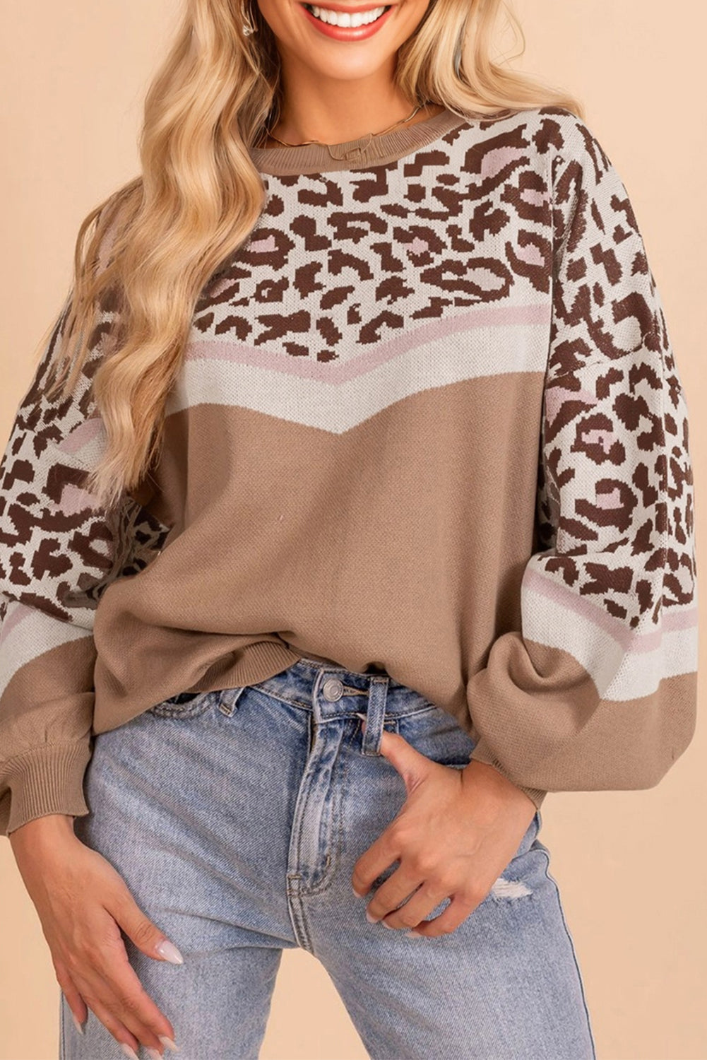 Leopard Colorblock Puff Sleeve Knit Pullover Sweater | Khaki
