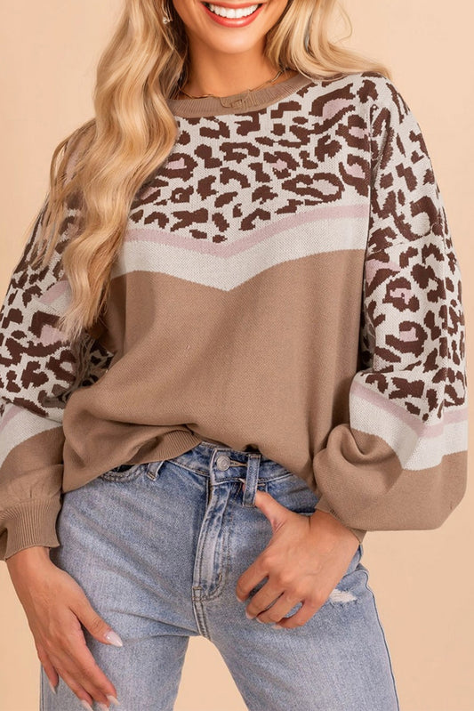 Leopard Colorblock Puff Sleeve Knit Pullover Sweater | Khaki