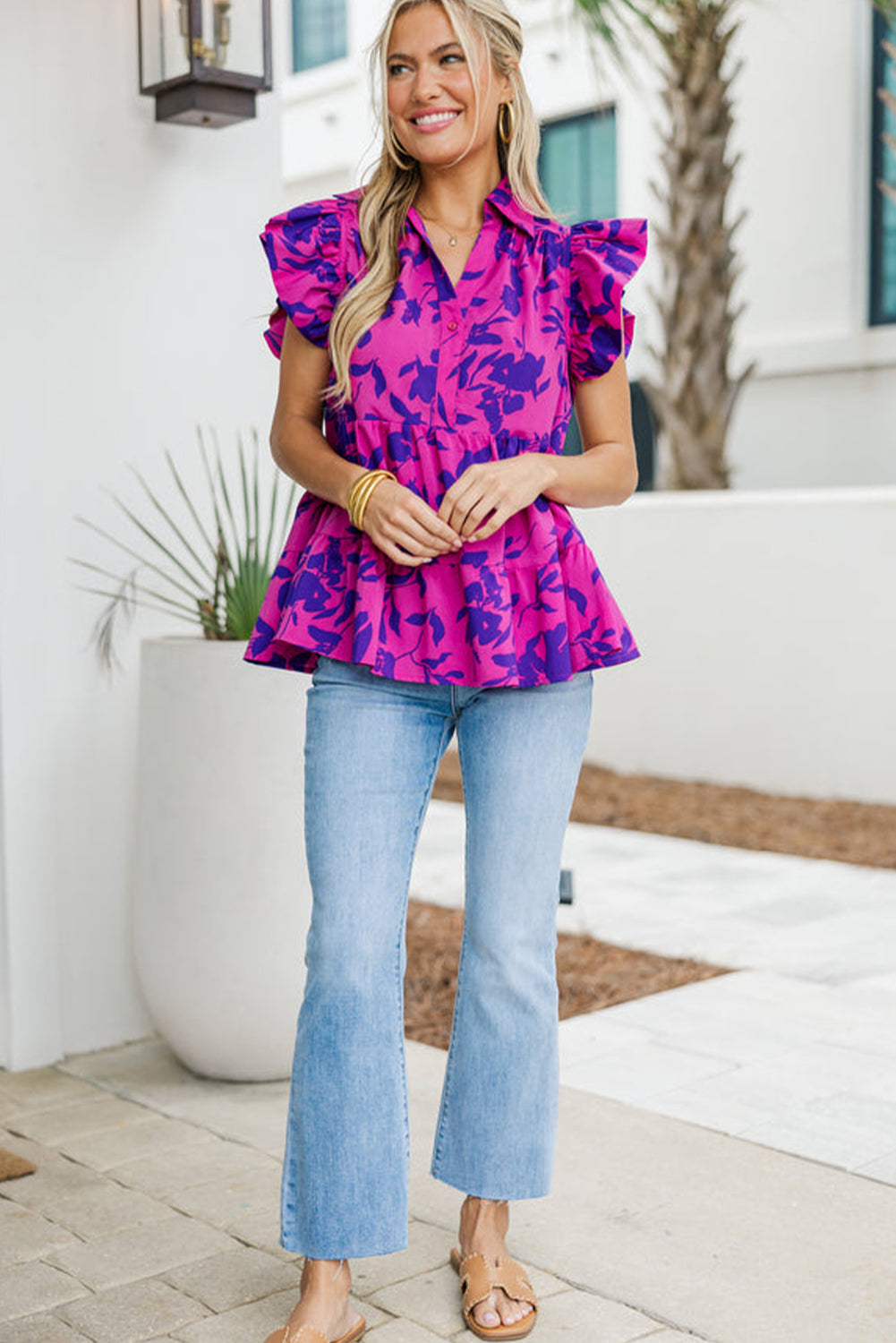 Orange Floral Print Collared Button Neckline Flutter Sleeve Blouse – Women's Romantic Casual Top (S–XL)