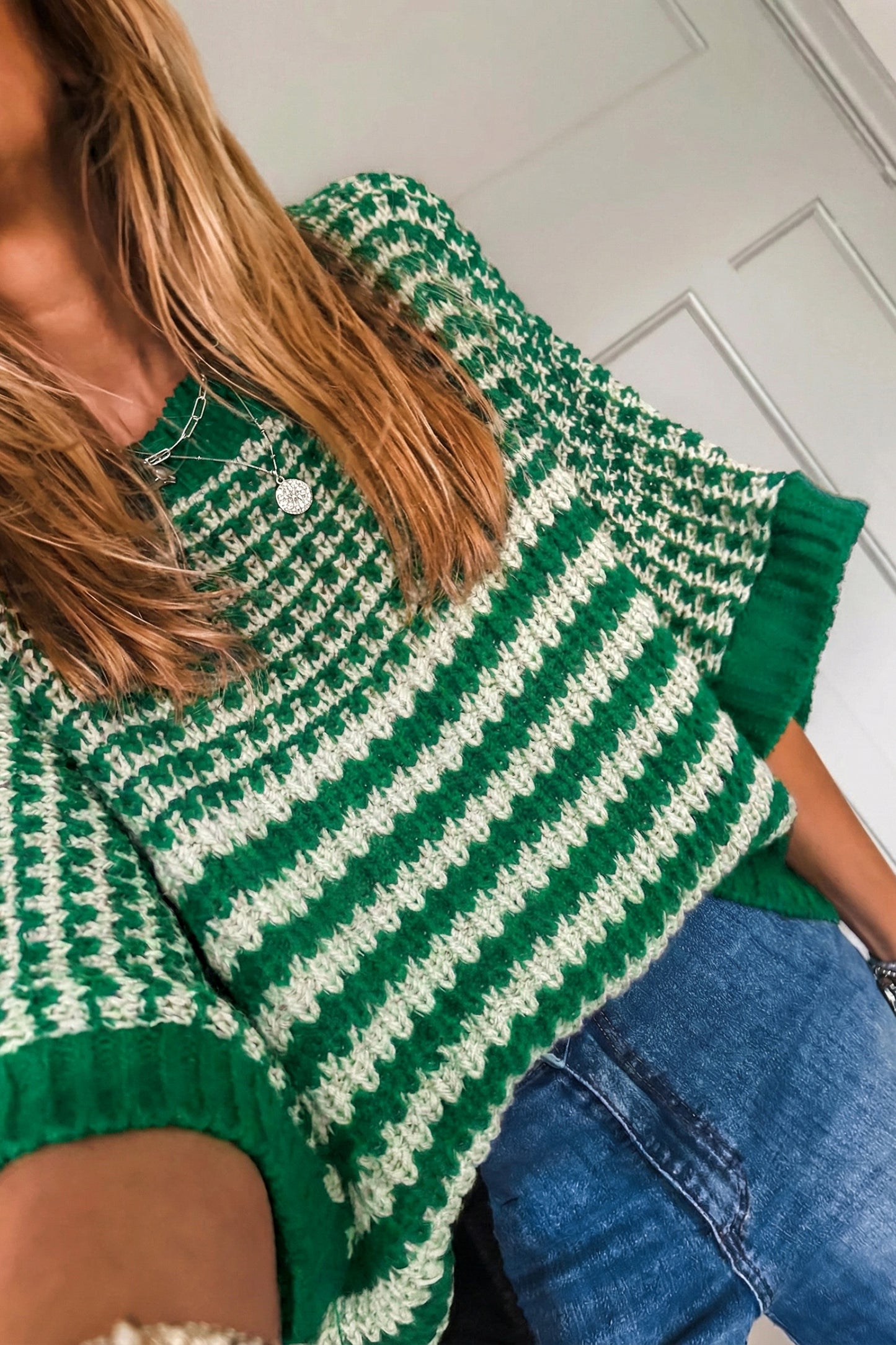 Striped Slouchy Sweater with 3/4 Draped Sleeves | Green Stripe