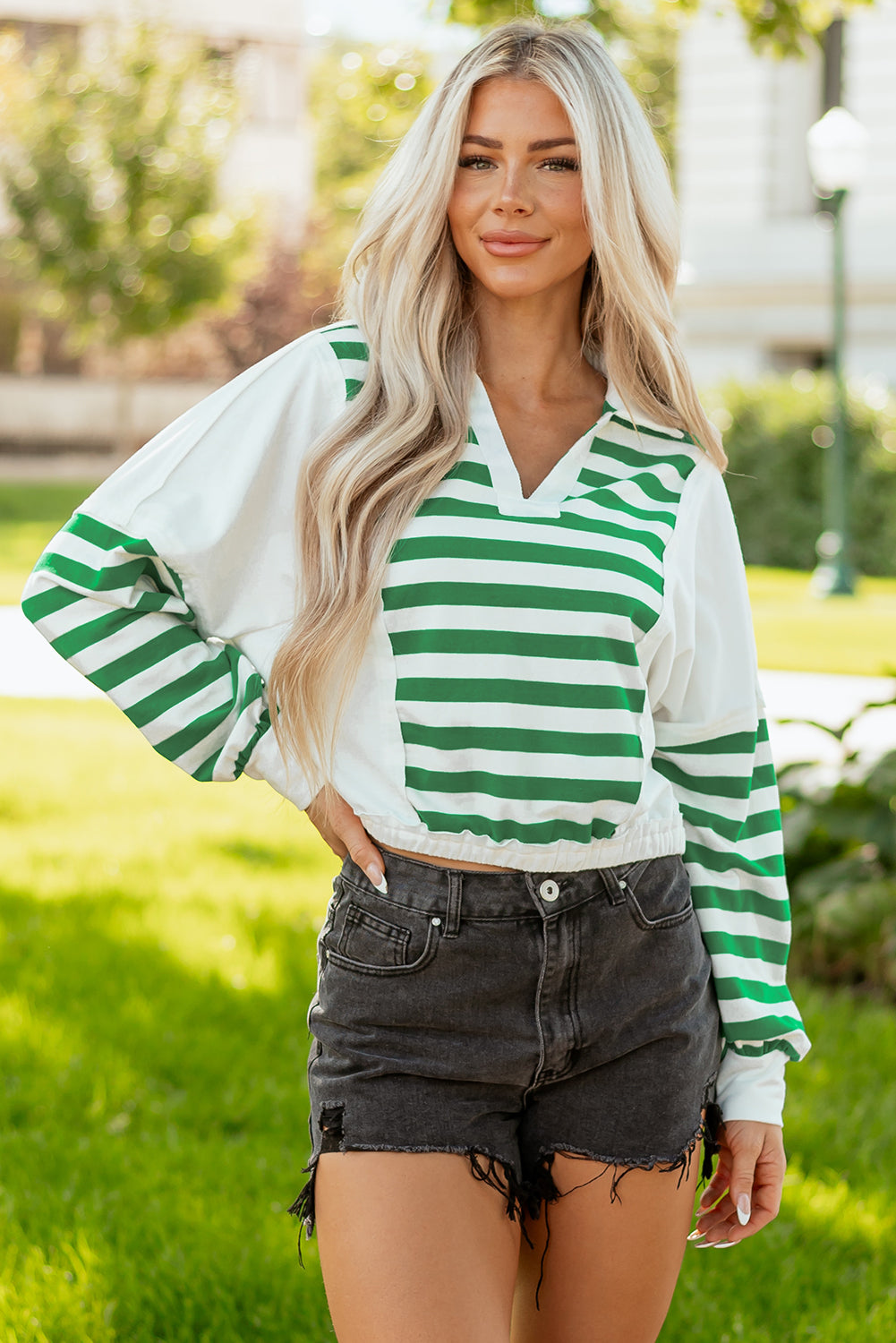 Green Stripe Colorblock Collared V-Neck Cropped Knit Pullover
