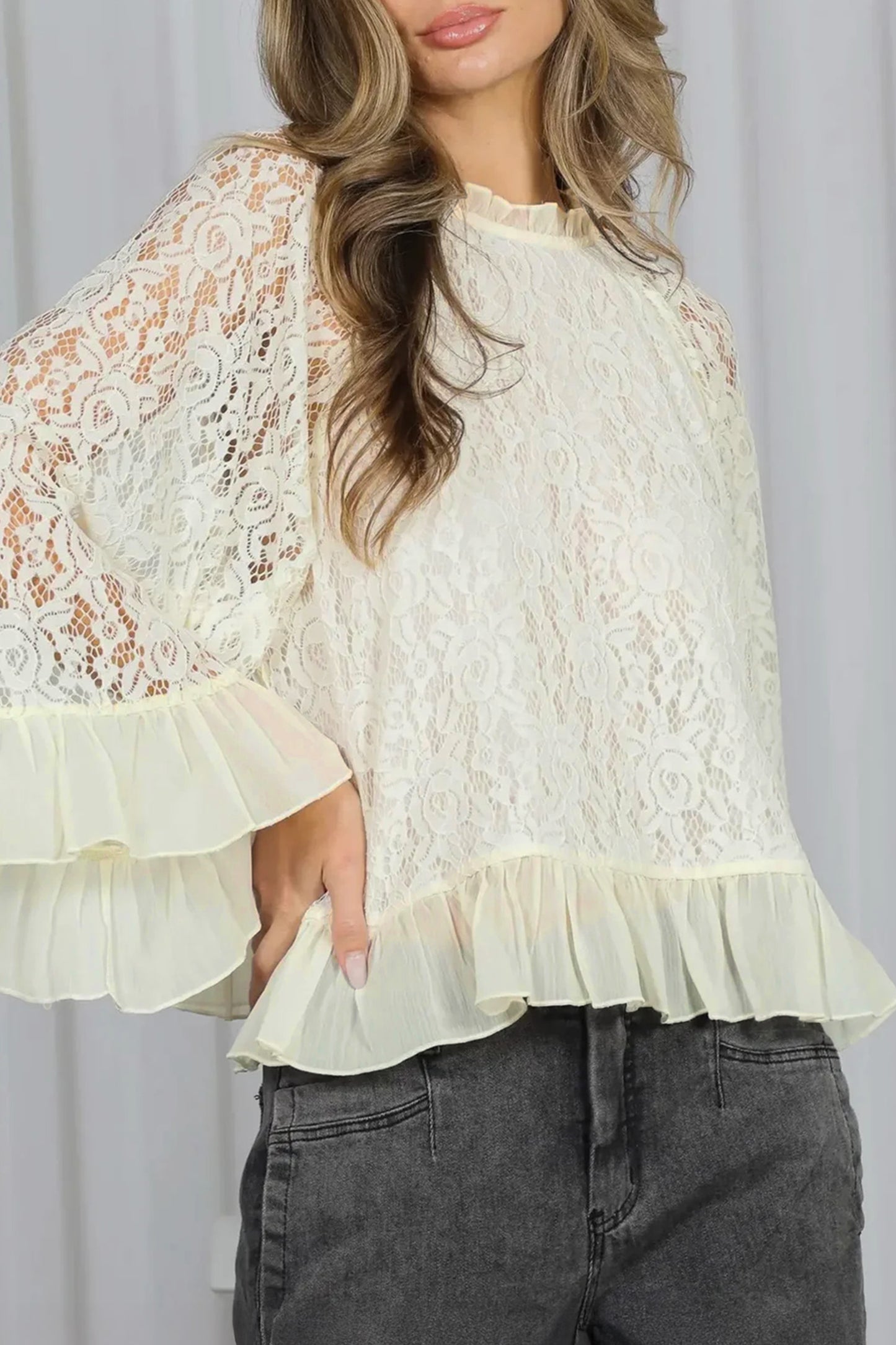 White Lace Long Sleeve Ruffle Blouse Women S–XL