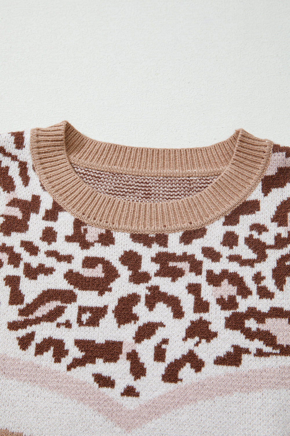 Leopard Colorblock Puff Sleeve Knit Pullover Sweater | Khaki