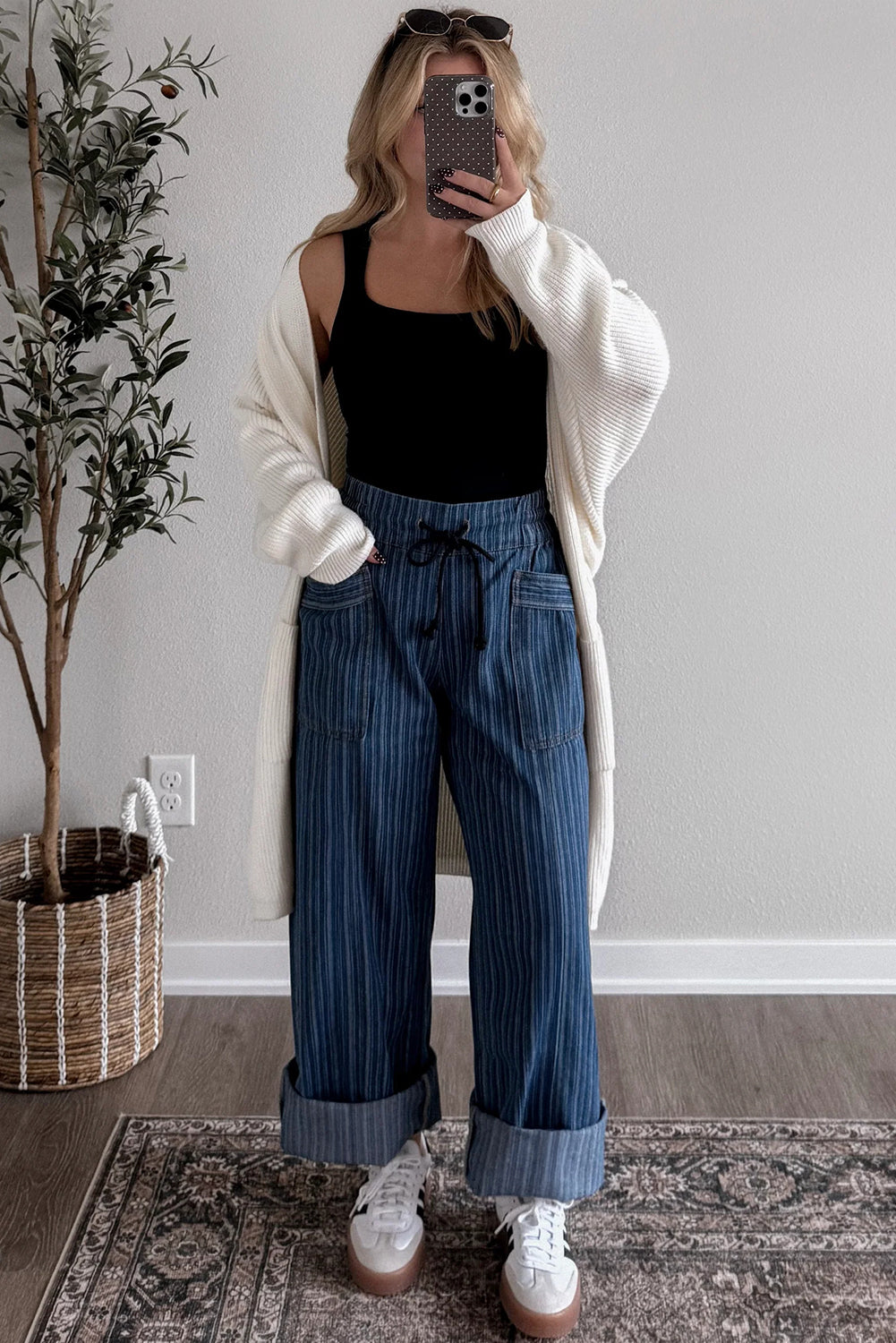 Blue Stripe Contrast Drawstring Pocketed Loose Jeans