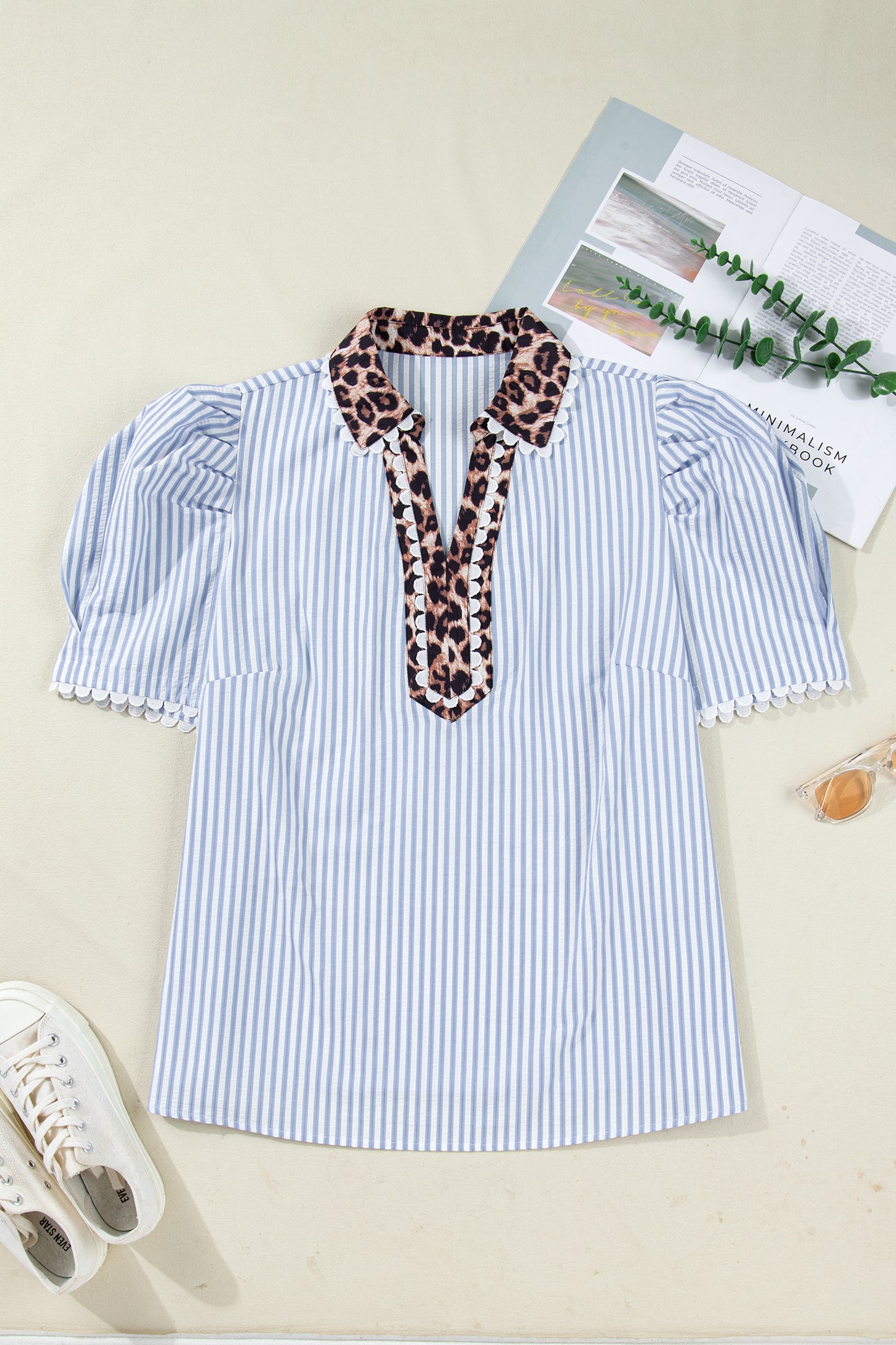 Womens Plus Size Light Blue Stripe Leopard Collar Blouse 1X–4X