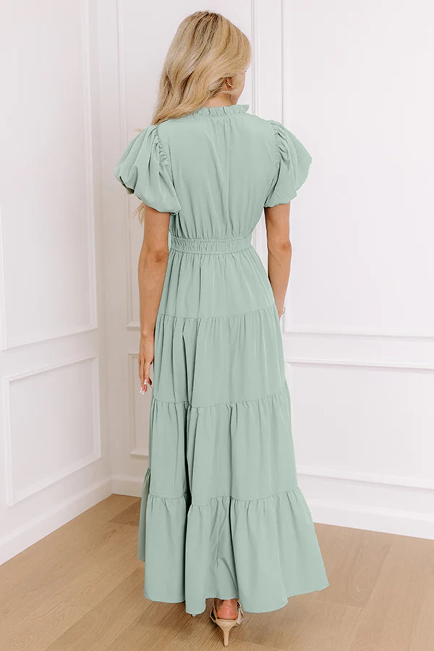 V-Neck Puff Sleeve High Waist Tiered Maxi Dress | 5 Colours | S–XL