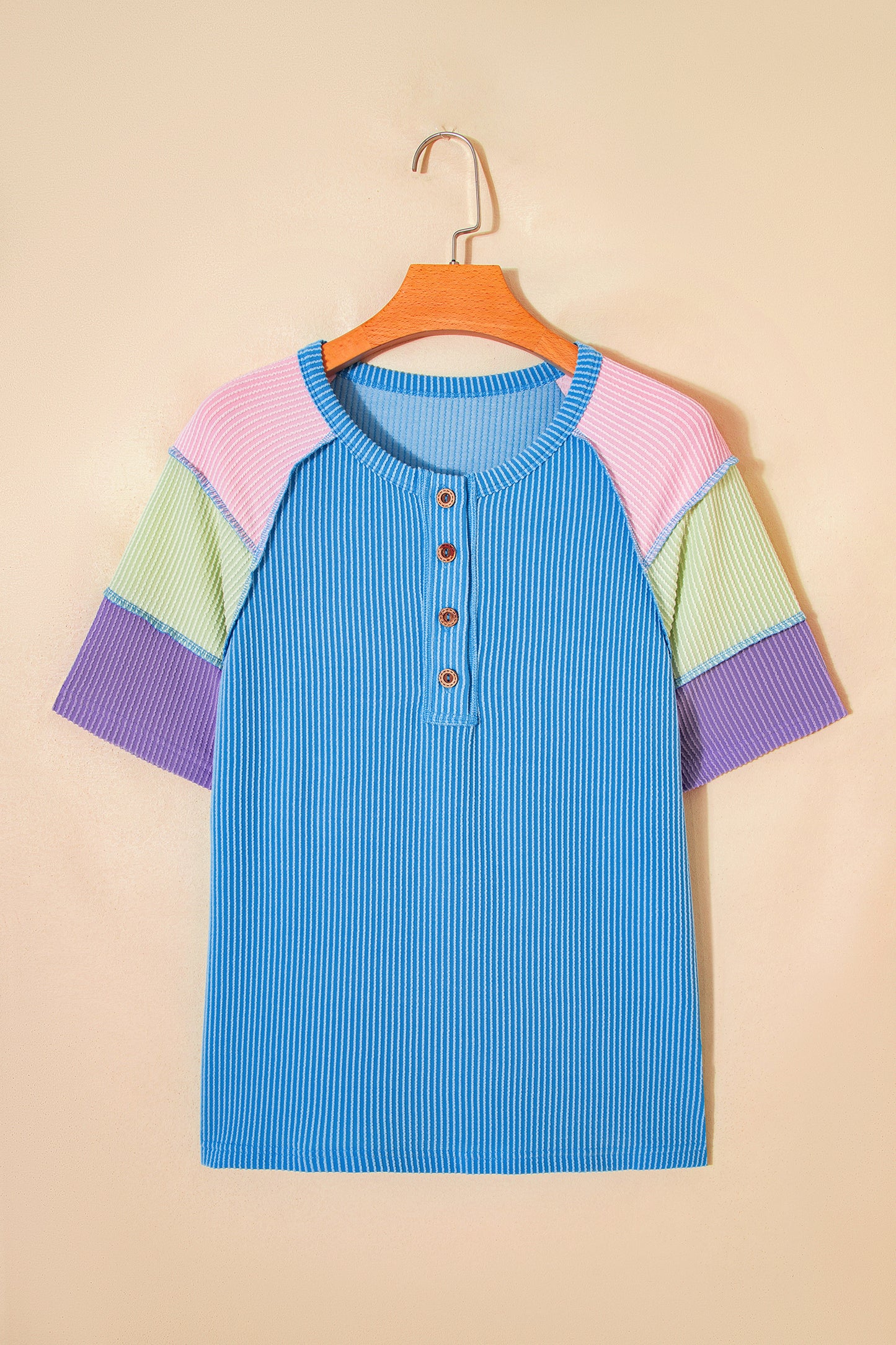 Twisted Ribbed Colorblock Patchwork Henley Short Sleeve Tee