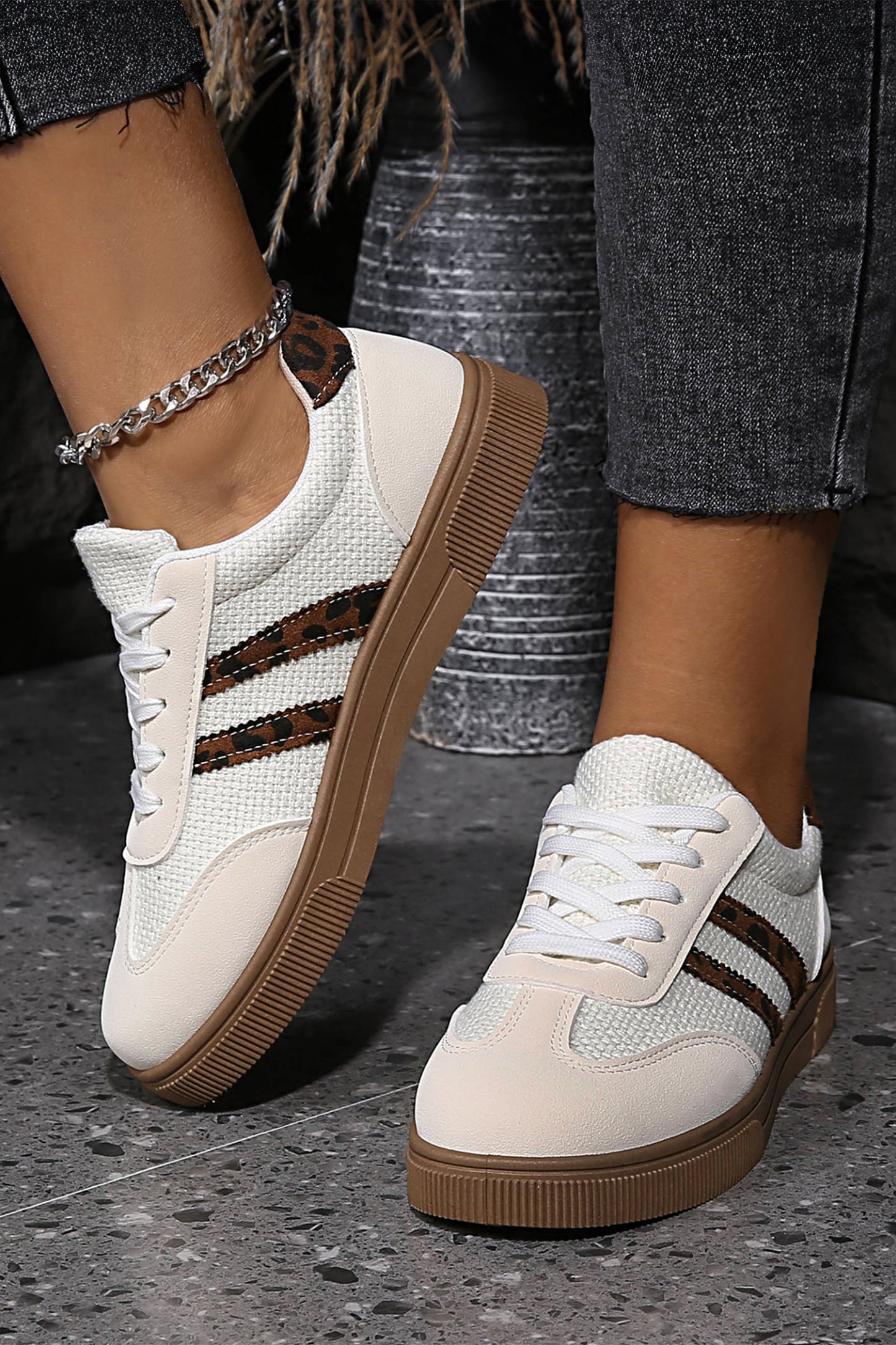 Woven Texture & Leopard Patchwork Lace-Up Flat Sneakers | White