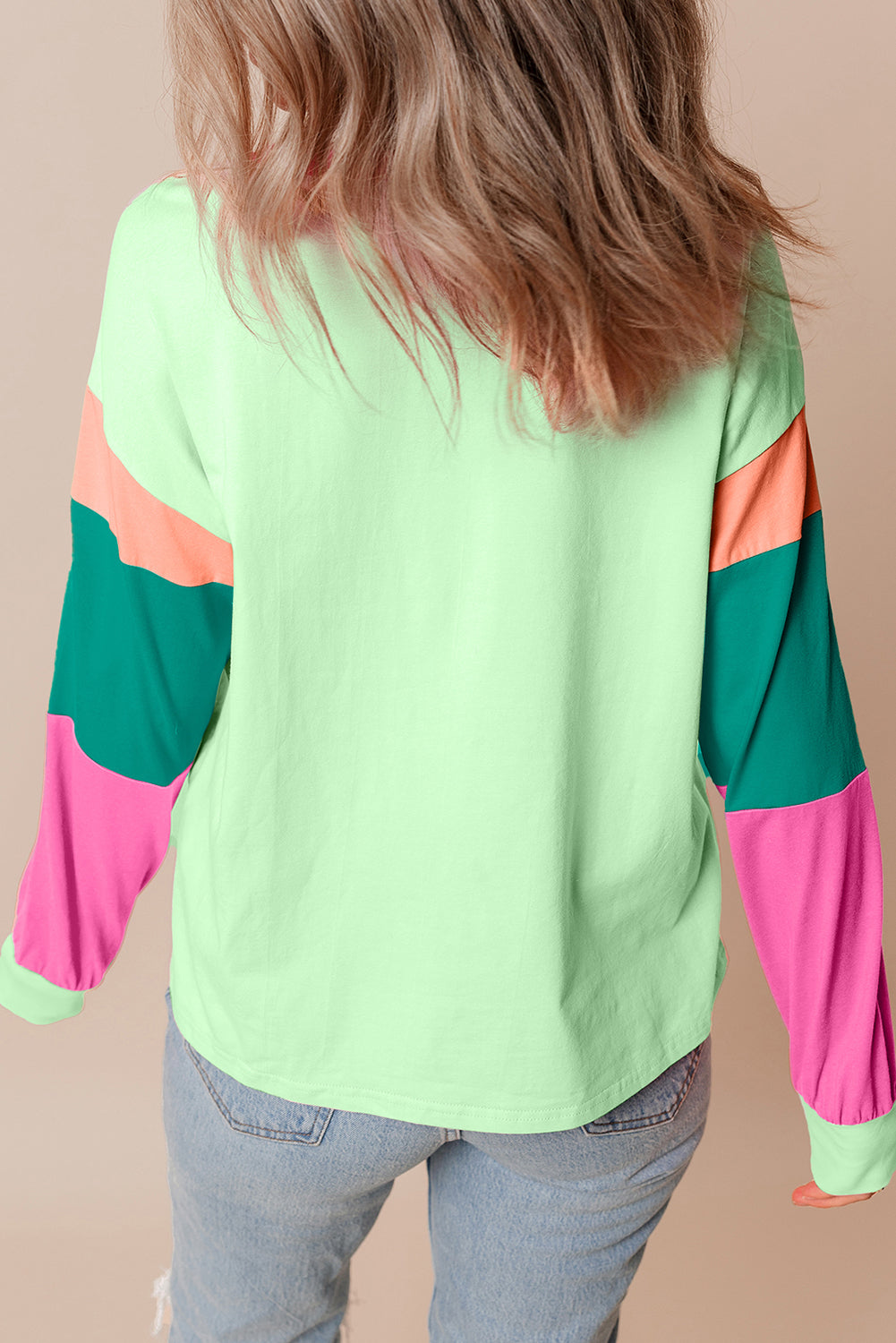 Colorblock Patchwork Long Sleeve Loose Top | Green