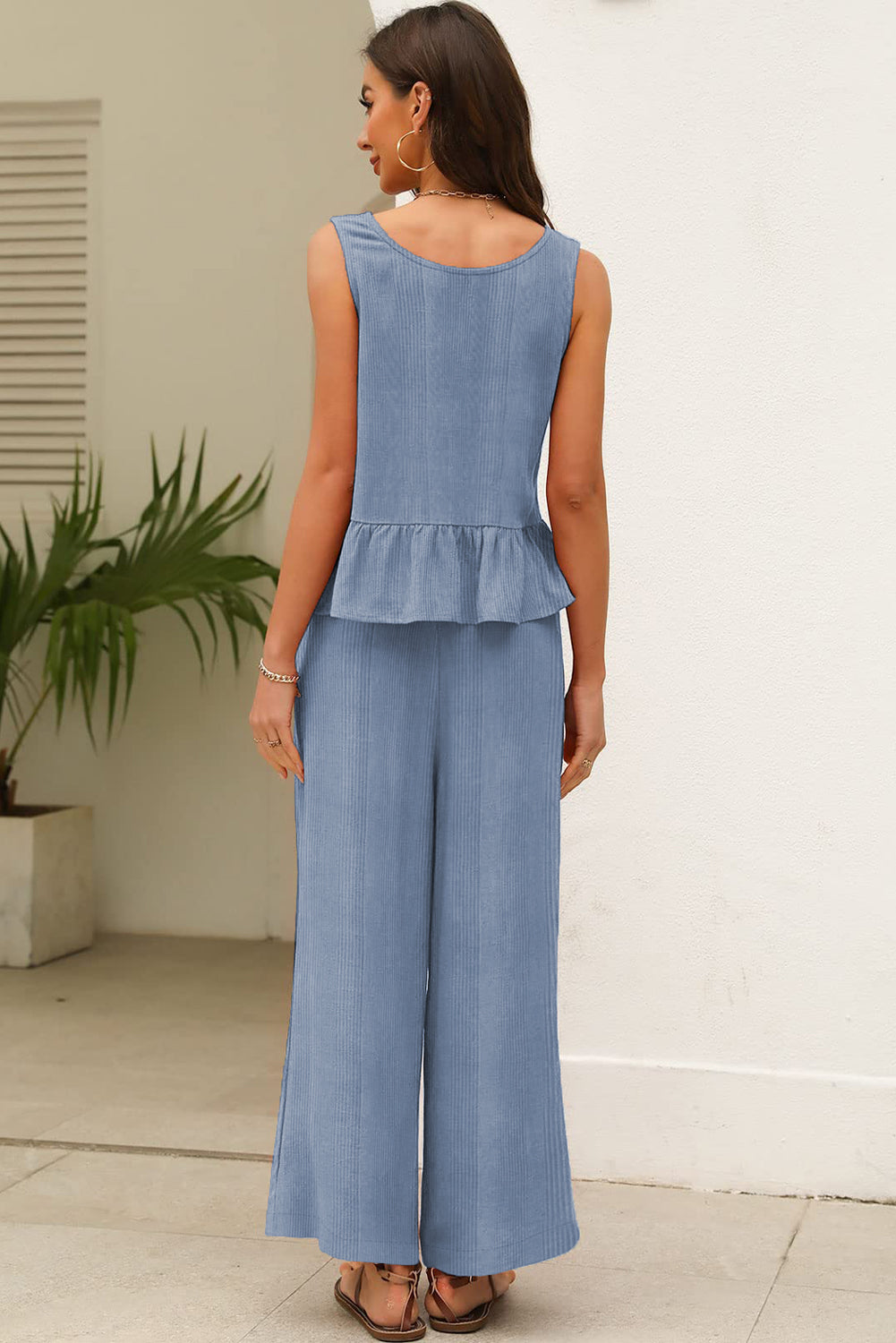 Ribbed Ruffle Hem Tank Top & Pants Set