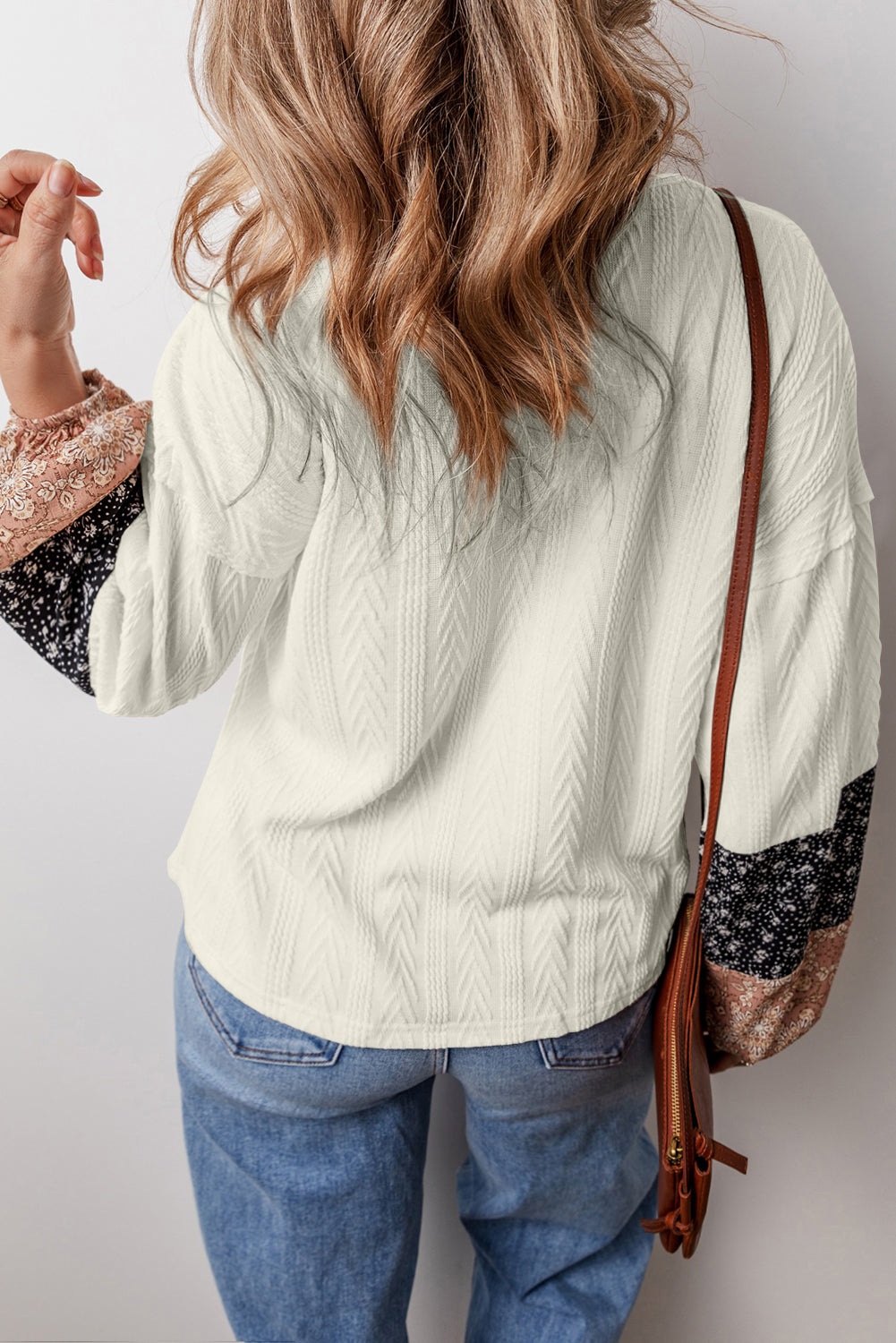 Floral Patchwork Textured Knit Drawstring V-Neck Blouse