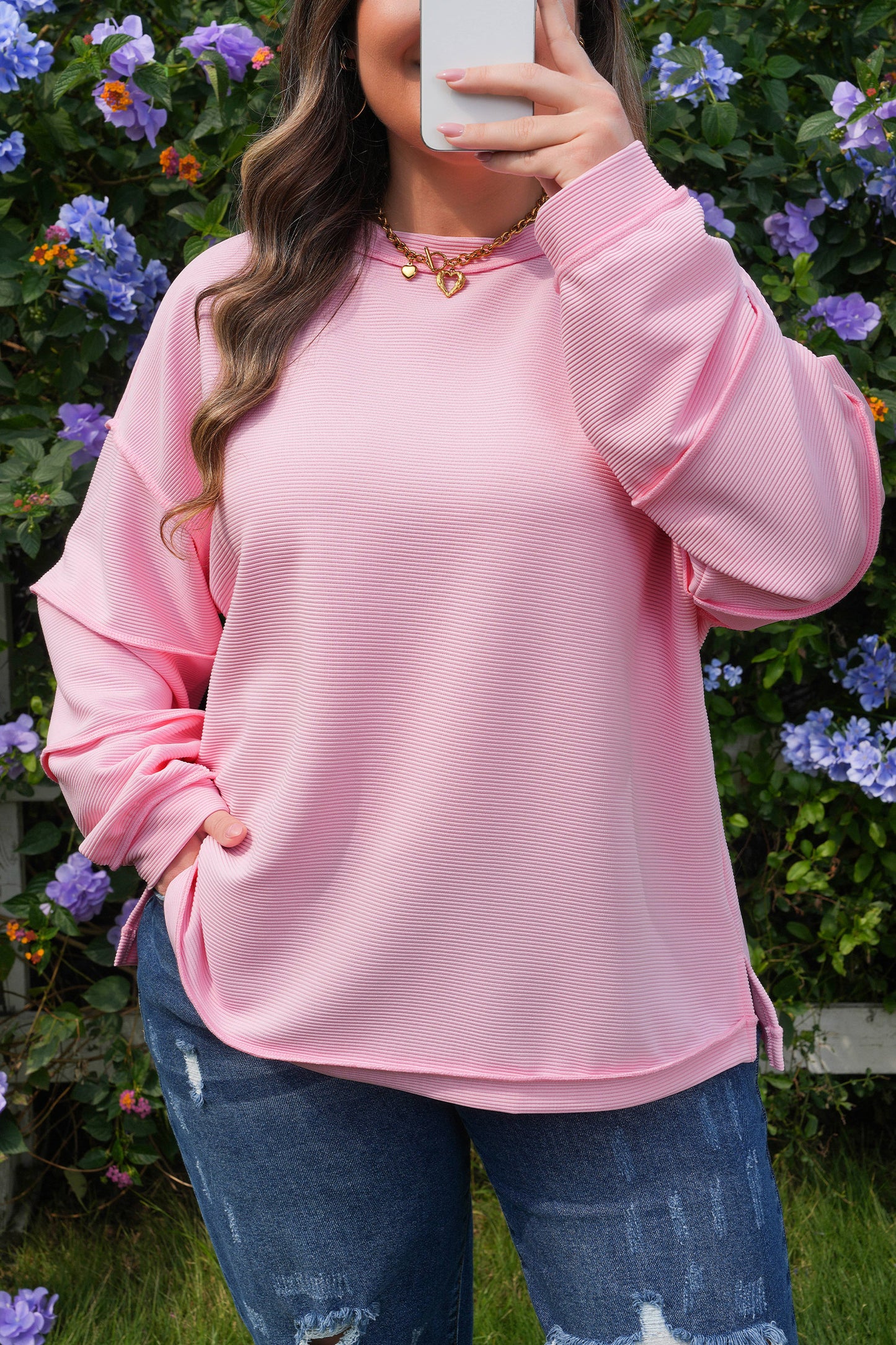 Plus Size Pink Ribbed Drop Shoulder Long Sleeve Top Women 1X–4X