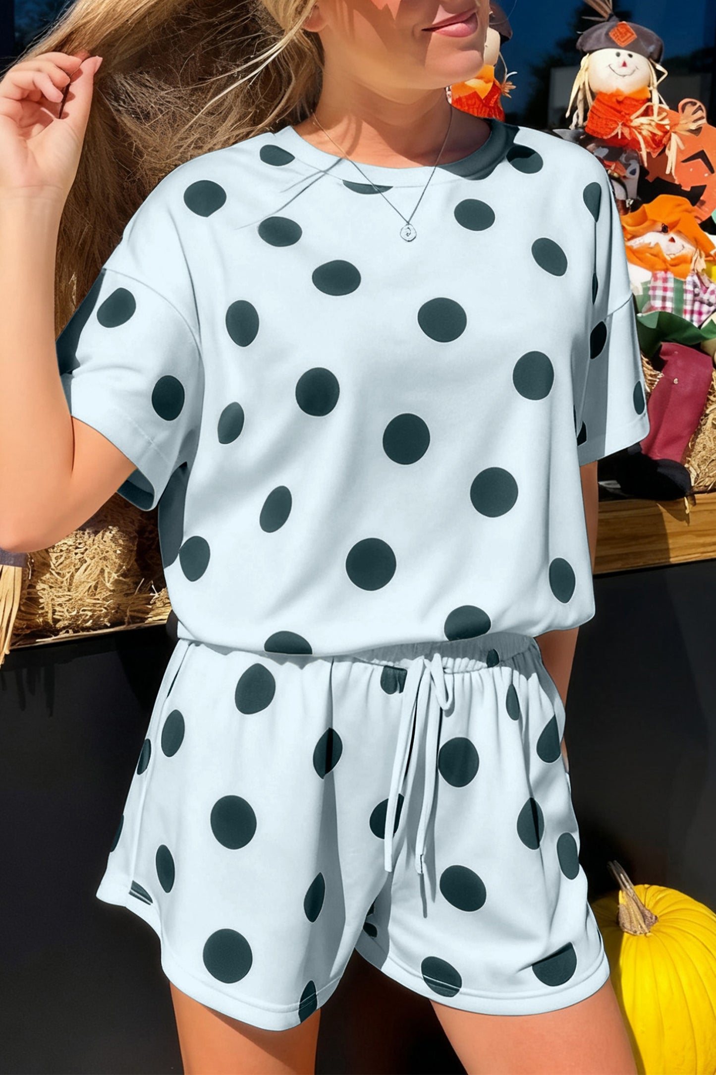 Polka Dot Drop Shoulder Tee & Drawstring Shorts Set