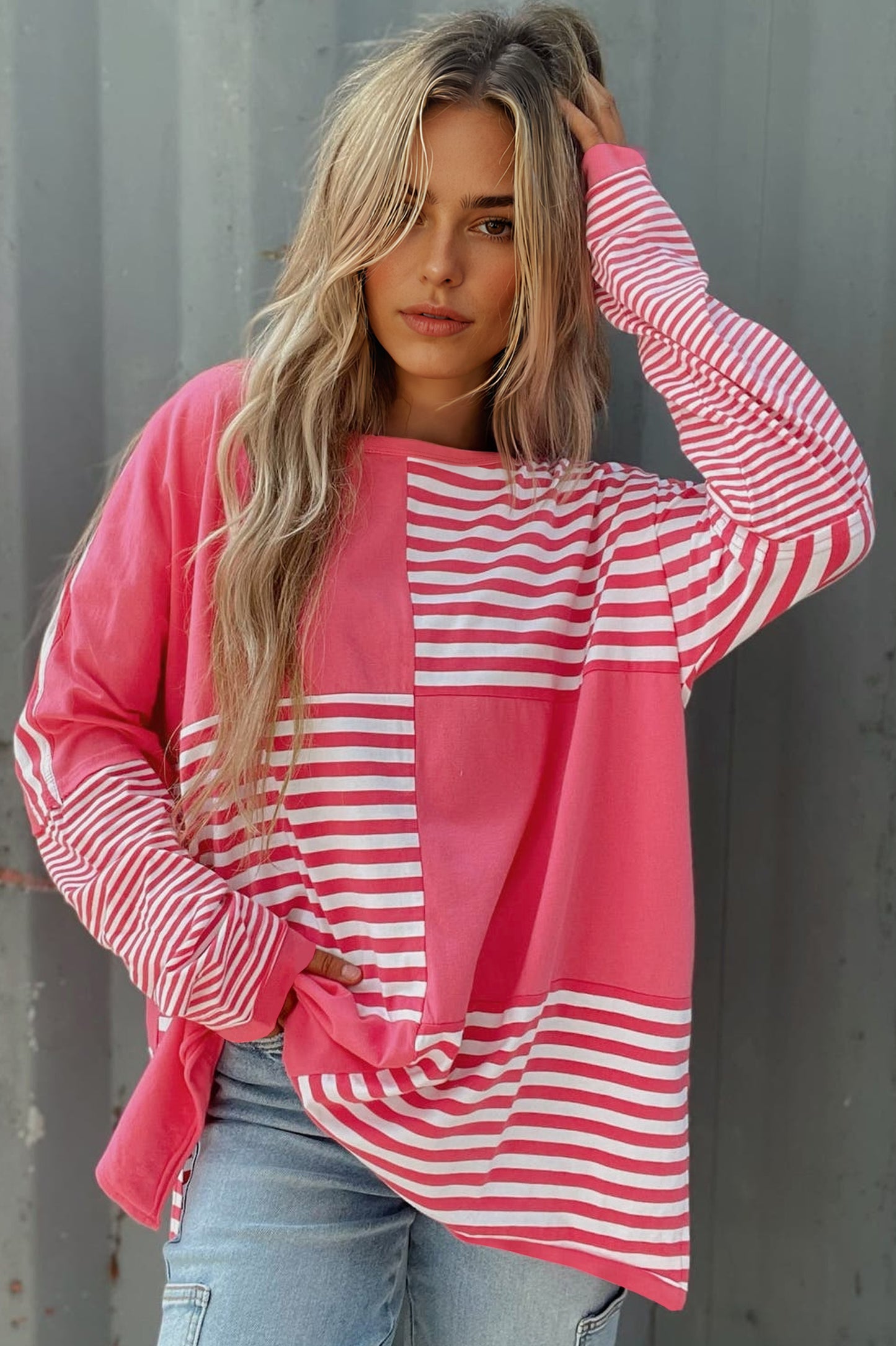 Pink Stripe Colorblock Drop Shoulder Long Sleeve Tunic Top Women S–XL