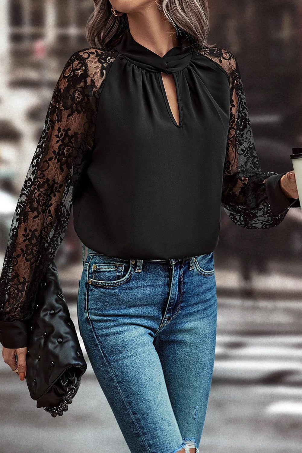 Floral Lace Raglan Sleeve Keyhole Neck Blouse