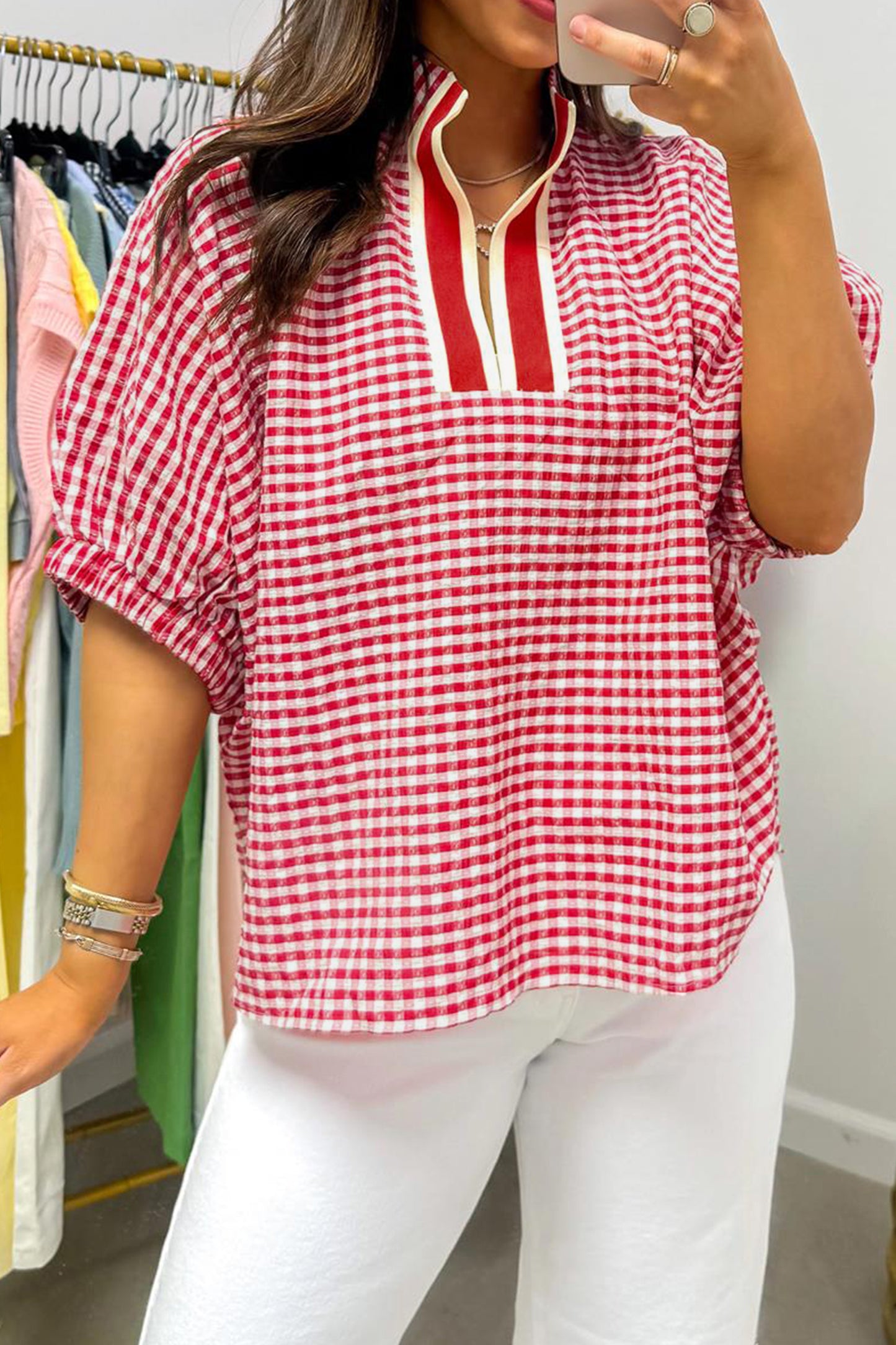 Plaid Short Sleeve Colorblock Blouse Women S–XL