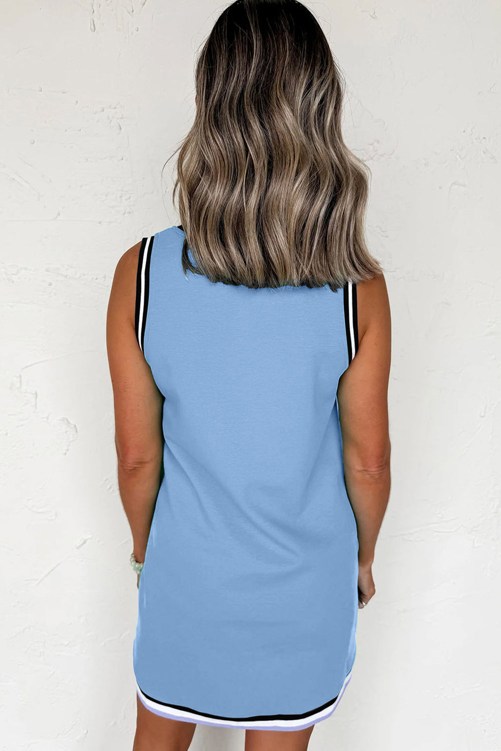 Contrast Stripe Trim V-Neck Sleeveless Shift Mini Dress in Sky Blue