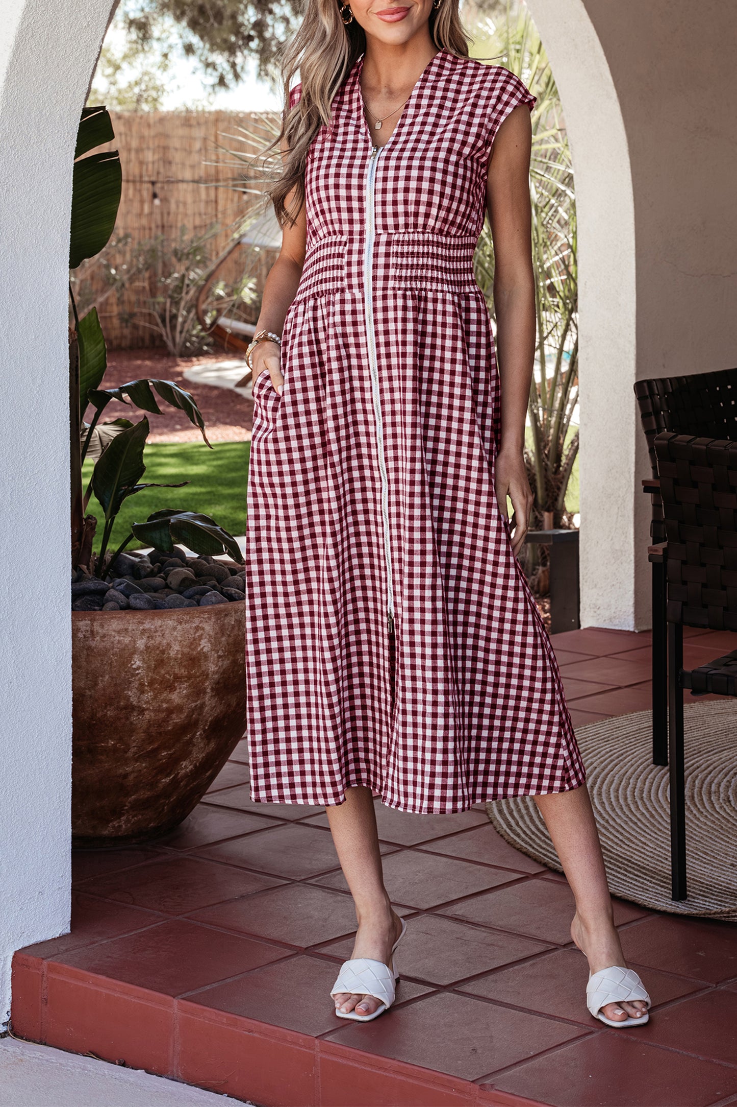 Plaid Print Zip-Front Cinched Waist Fit & Flare Sleeveless Midi Dress | Coffee & Red | S–XL