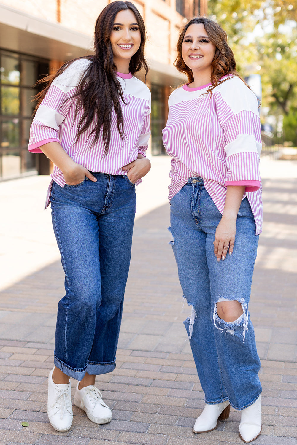 Stripe Patchwork Bracelet Sleeve T-Shirt | Plus Size | Pink Stripe | 1X–3X