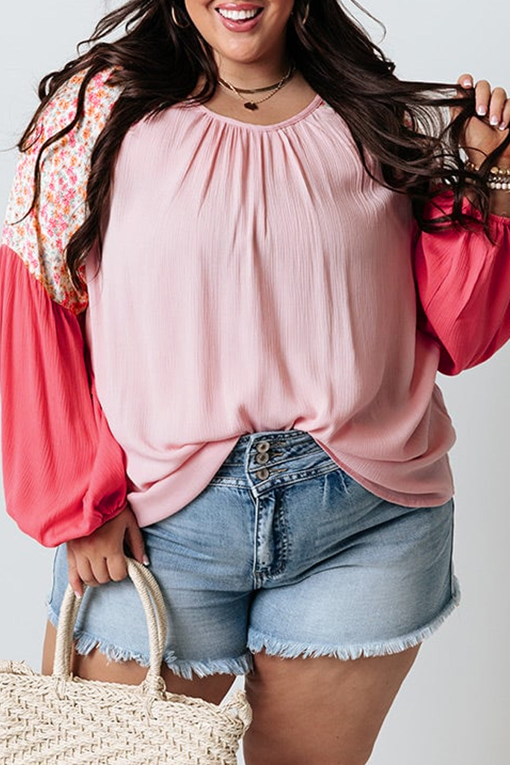 Floral Patchwork Bubble Sleeve Keyhole Back Blouse – Pink Plus Size 1X–4X