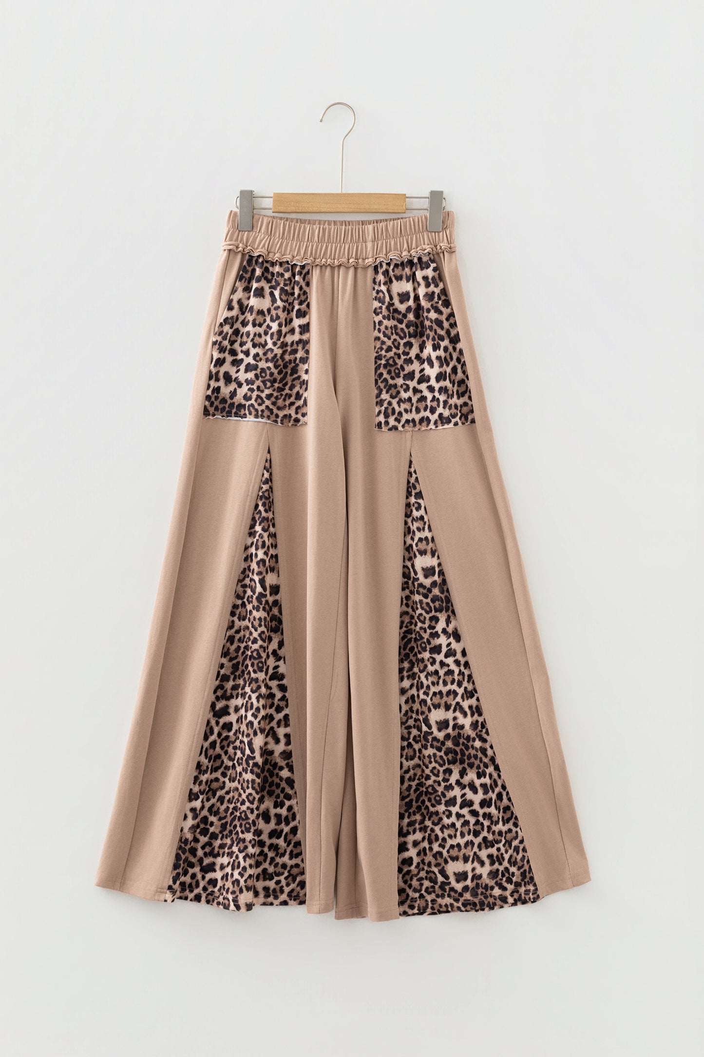 Mineral Wash Leopard Patchwork High Waist Wide Leg Pants in Tan