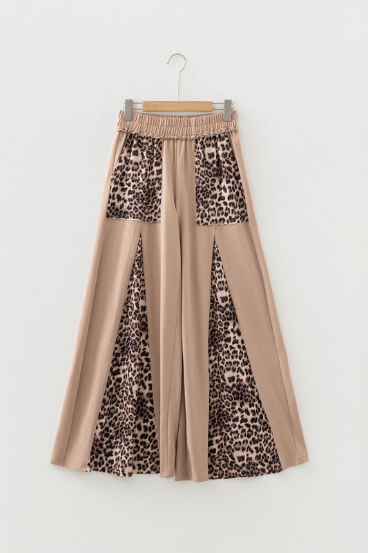 Mineral Wash Leopard Patchwork High Waist Wide Leg Pants in Tan