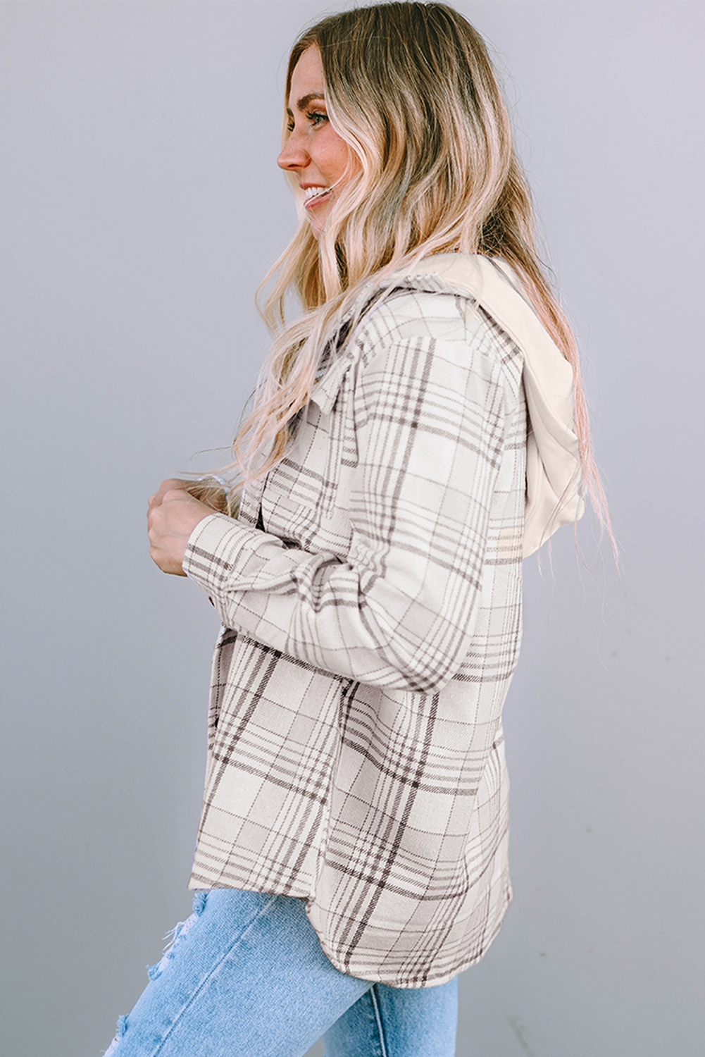 Khaki Plaid Removable Hood Chest Pocket Buttoned Shacket