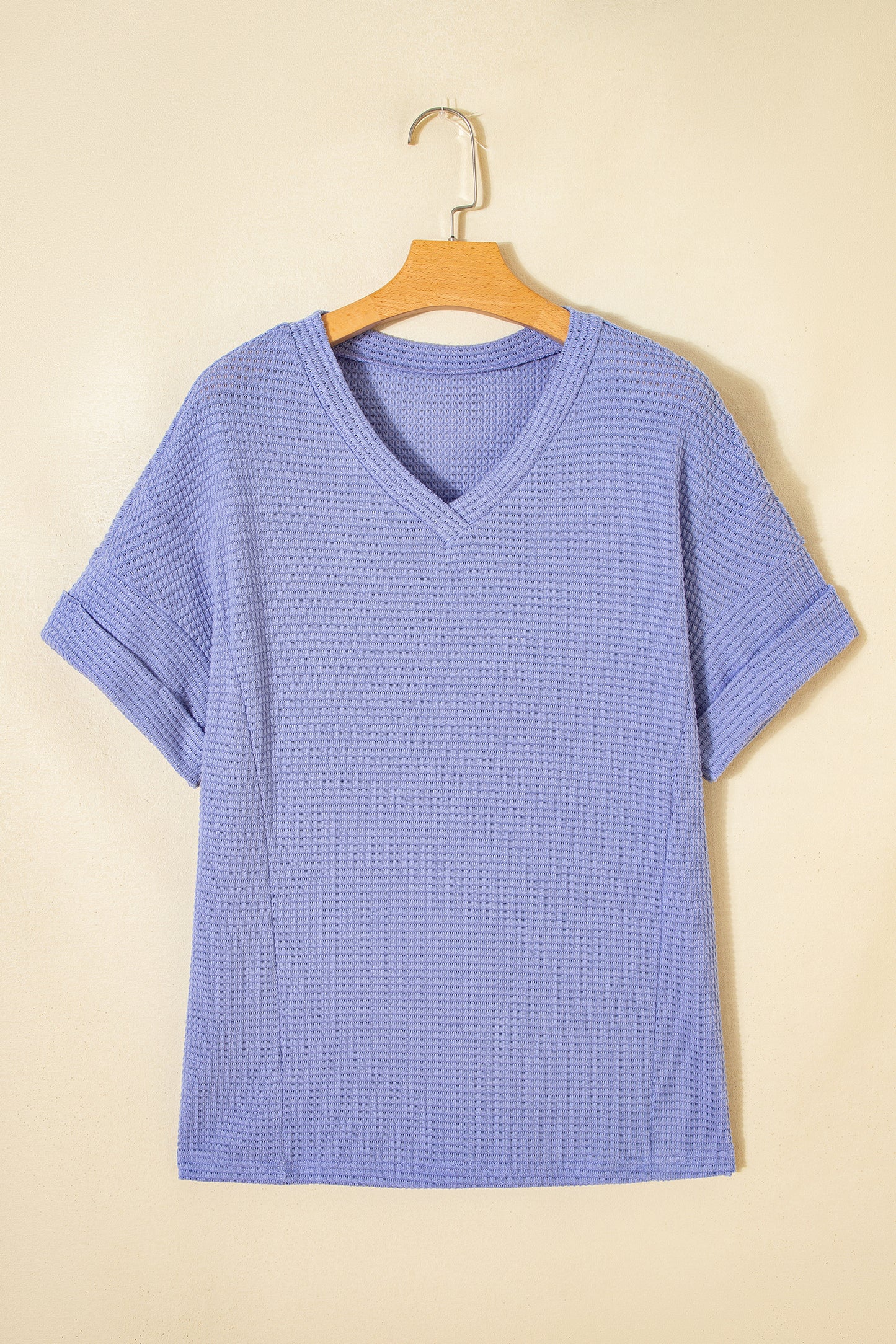 Waffle Knit V-Neck Short Sleeve Cuffed Top