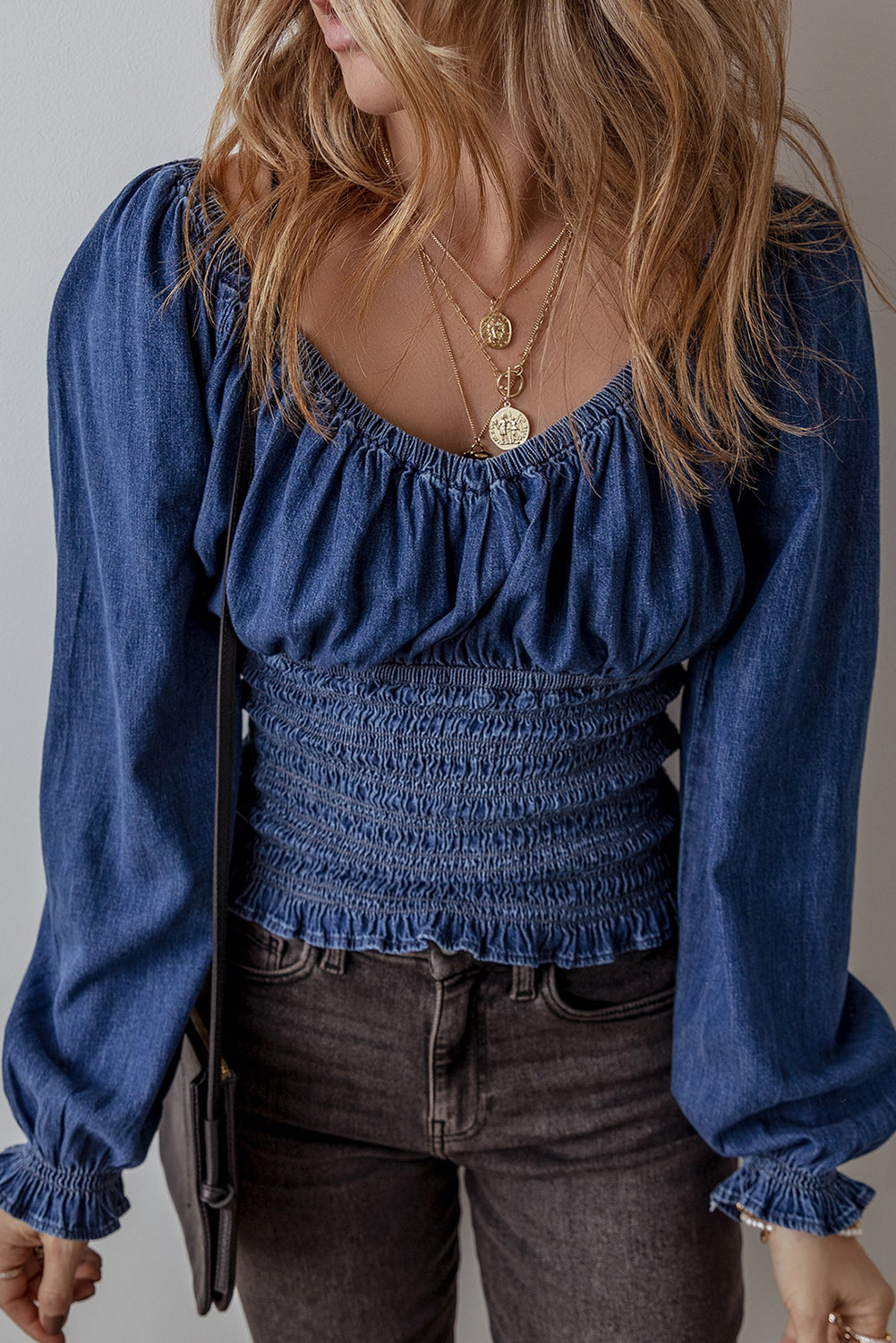 Smocked Ruffled Puff Sleeve V-Neck Denim Blouse – Dark Blue Women S–XL