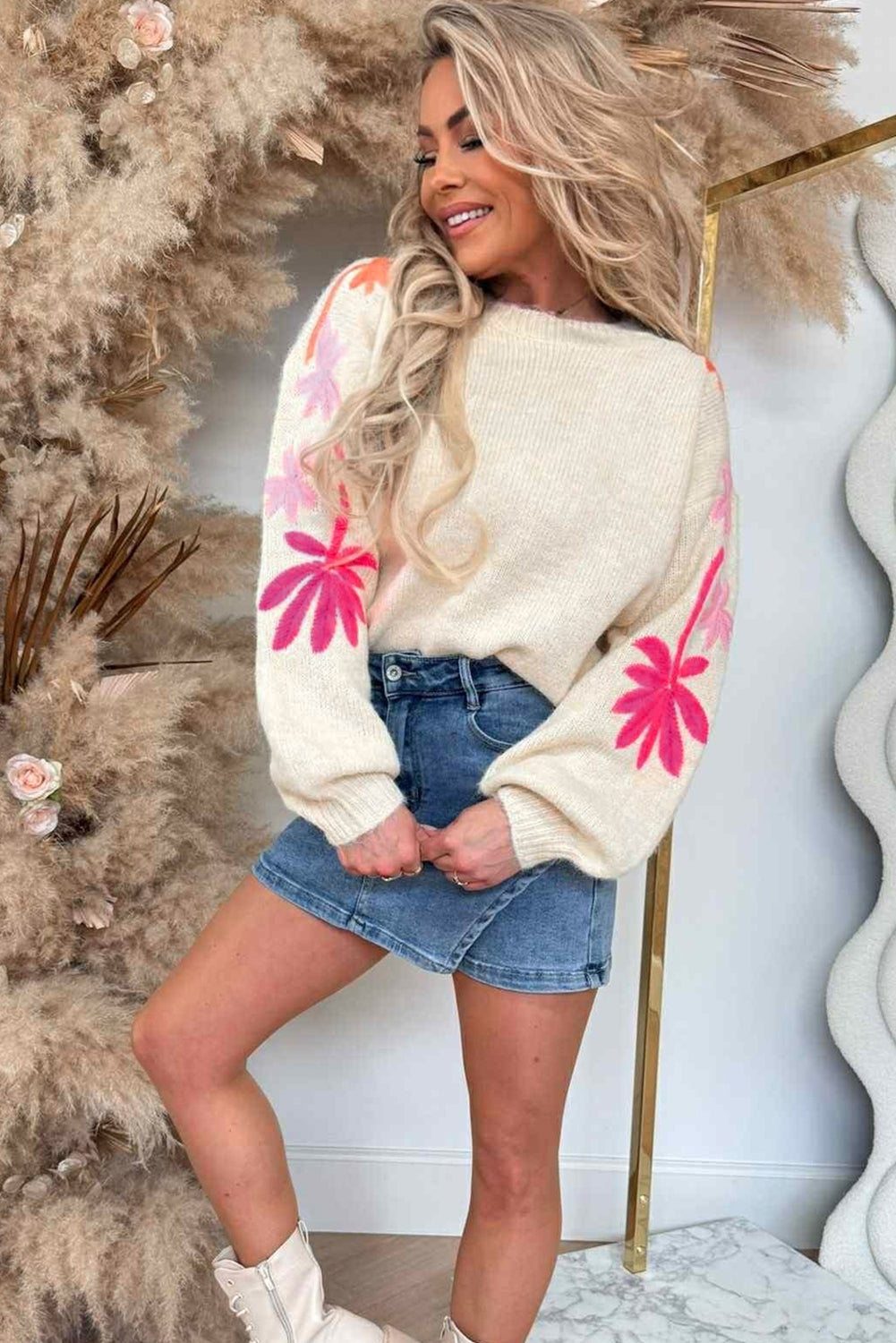 Embroidered Floral Sleeve Round Neck Loose Knit Sweater