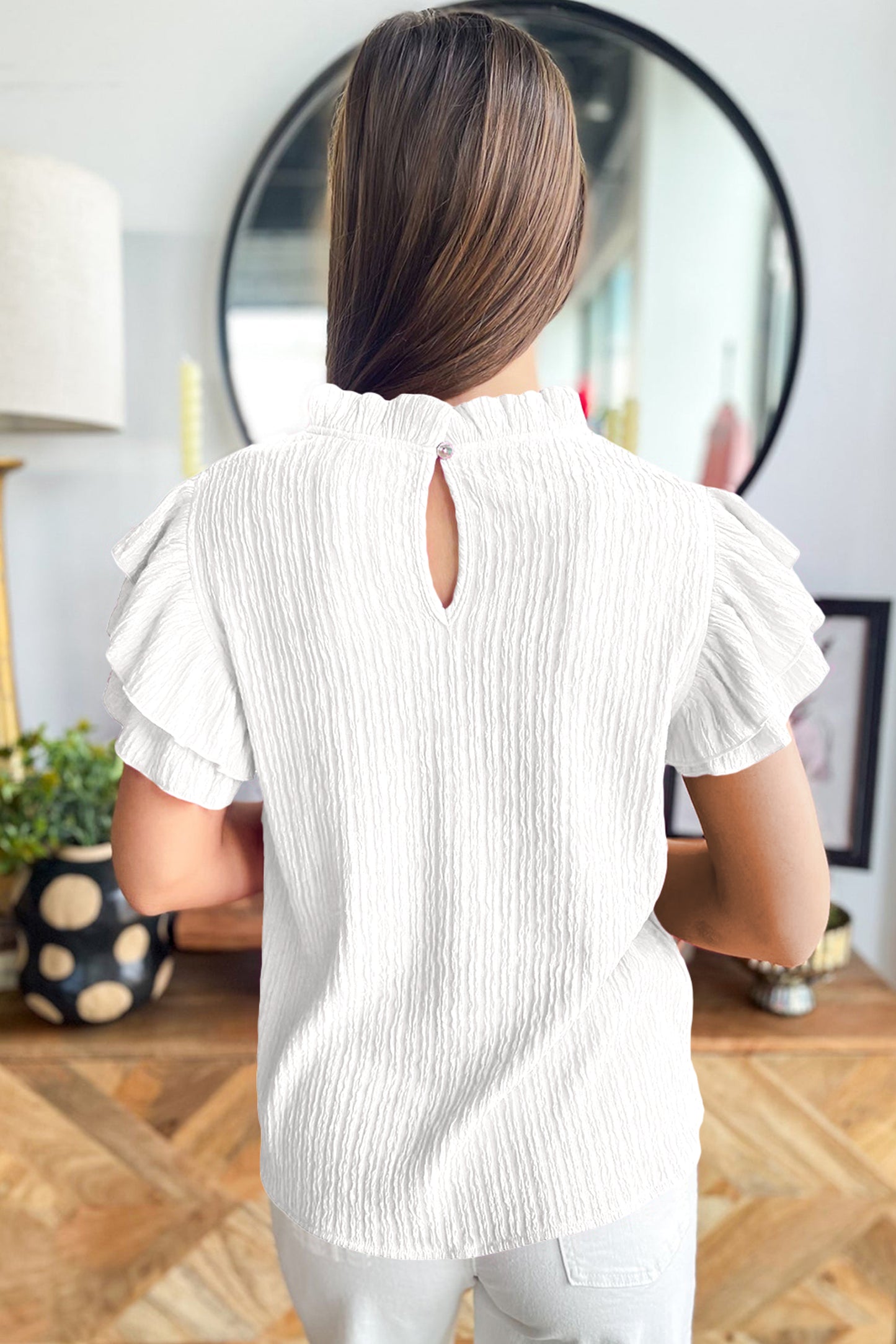 Womens Ruffle Trim Textured Blouse S–XL